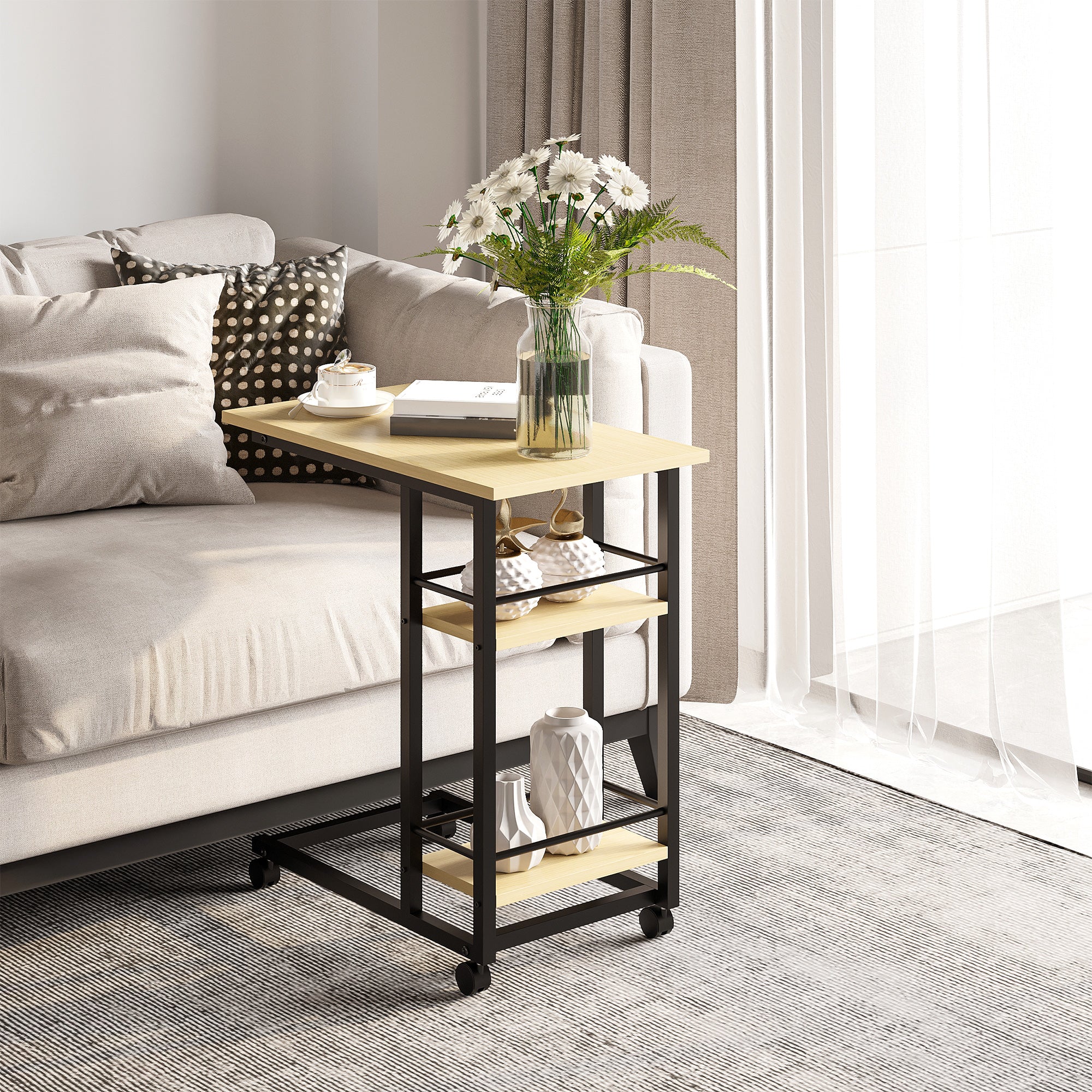 Side Table with Wheels C-Shaped End Table for Sofa Bed with 2 Shelves and Brakes for Bedroom Living Room Modern Style 60x34.5x64.5 cm Natural