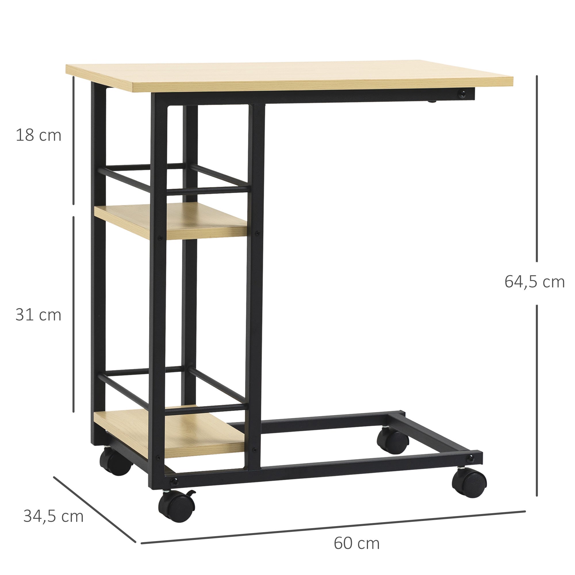 Side Table with Wheels C-Shaped End Table for Sofa Bed with 2 Shelves and Brakes for Bedroom Living Room Modern Style 60x34.5x64.5 cm Natural