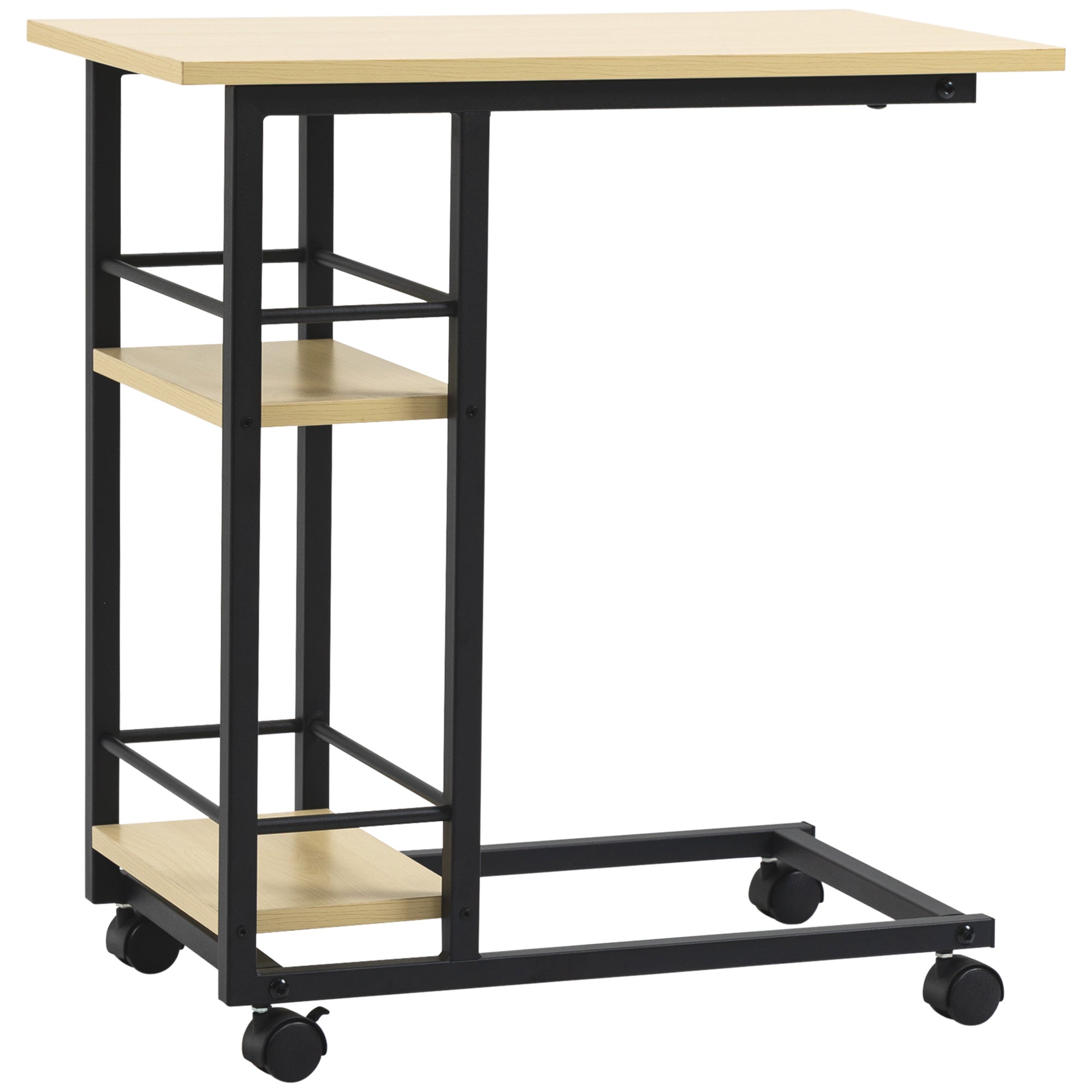 Side Table with Wheels C-Shaped End Table for Sofa Bed with 2 Shelves and Brakes for Bedroom Living Room Modern Style 60x34.5x64.5 cm Natural