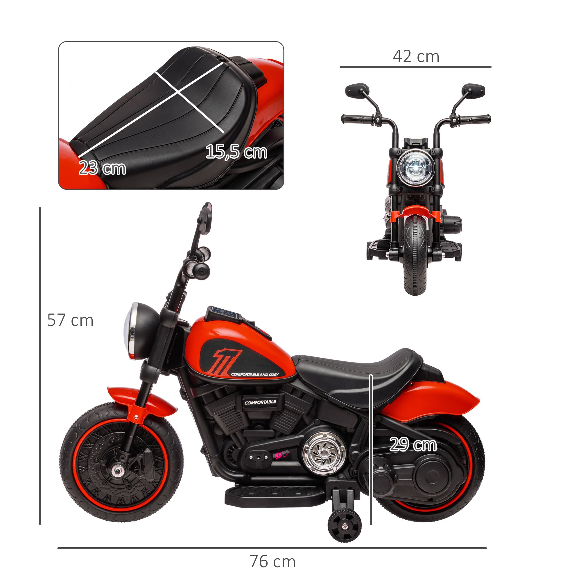 Kids Motorcycle Children's Electric Motorcycle Electric Vehicle Kids Vehicle with 2 Removable Training Wheels, 3 km/h, for 1.5-3 Years Kids Red 76 x 42 x 57 cm