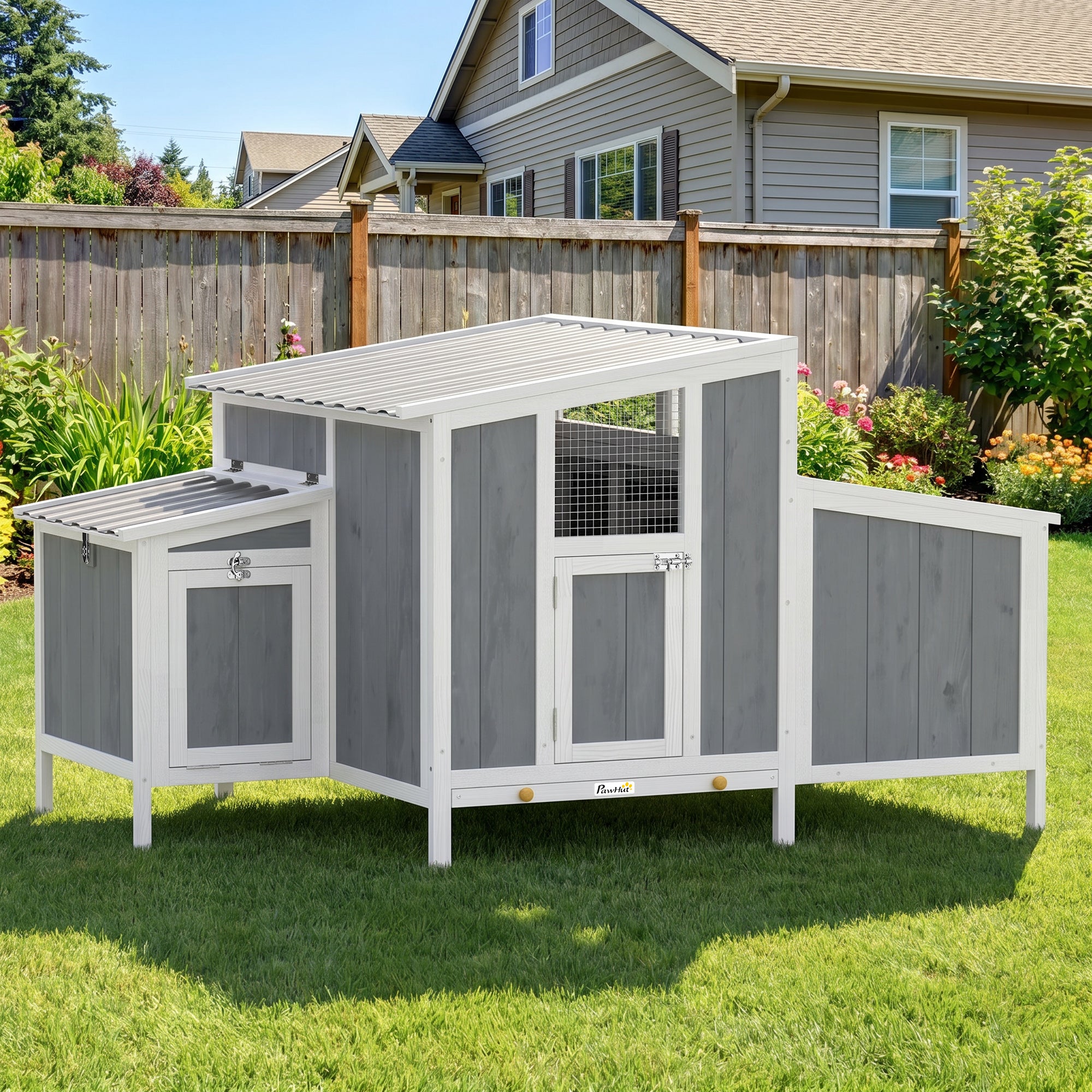 Wooden Chicken Coop with Run, 57.1 x 35.4 x 36.2 in — Elevated Weatherproof PET Roof, Lockable Doors, Nesting Box & Roosts for 3–4 Hens, Gray
