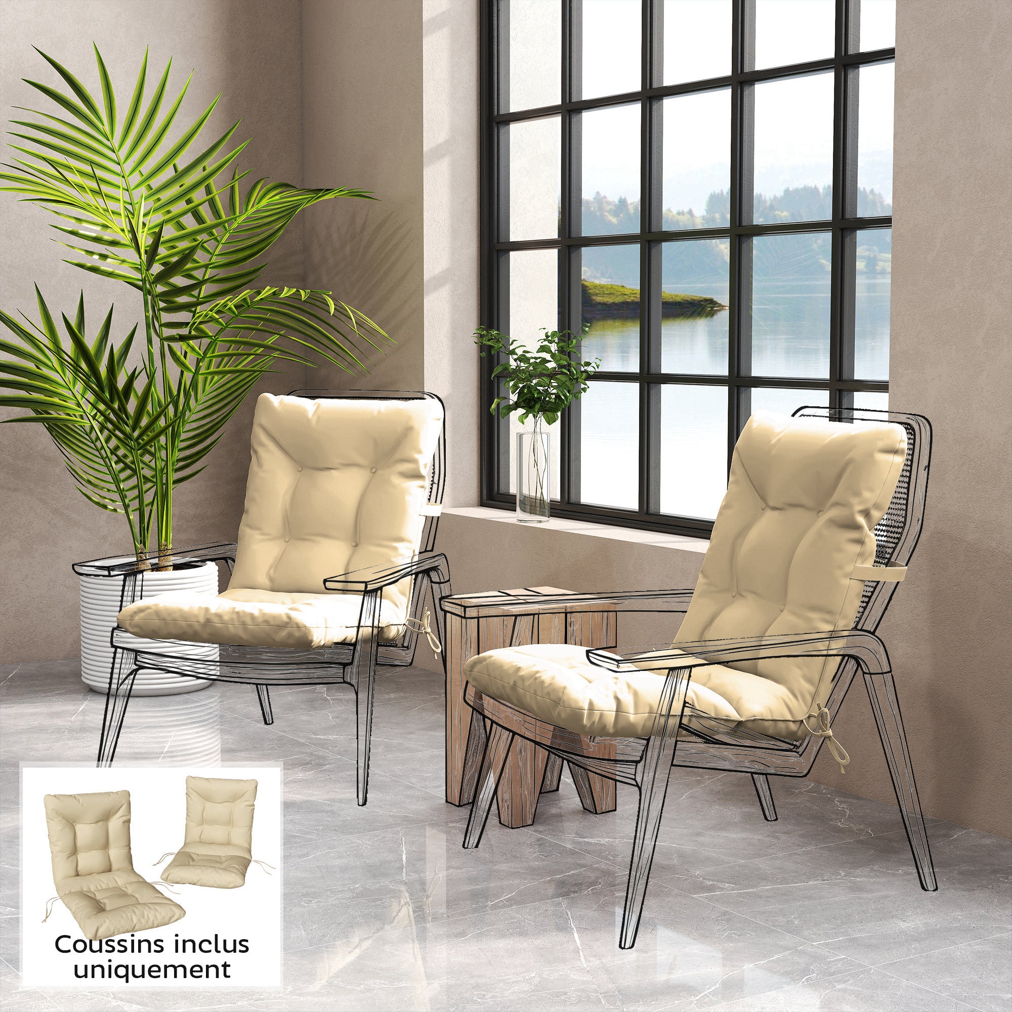 2-Pack Outdoor Chair Cushions with Ties, Indoor/Outdoor, 47.2 x 19.7 x 3.1 in, Beige