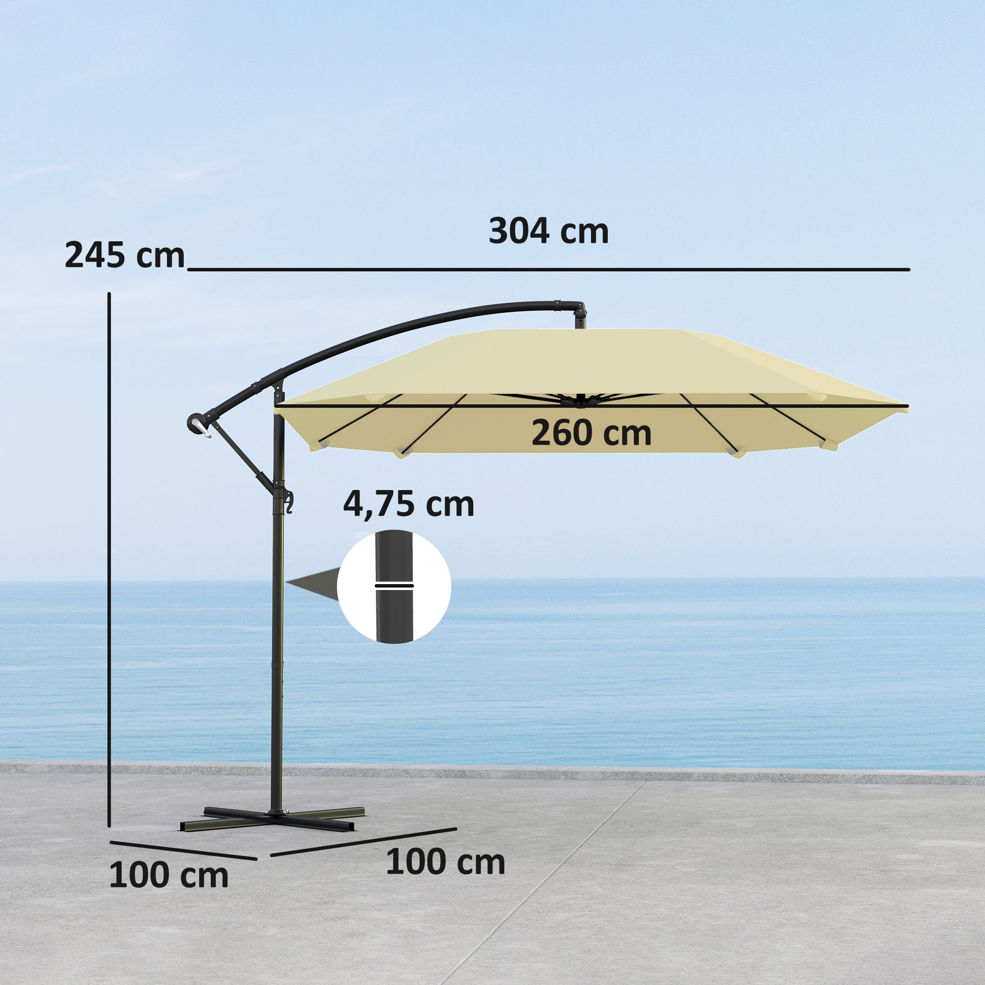 Cantilever Umbrella Aluminum Ø 260 cm Sunshade, Waterproof Crank Umbrella with Stand, Crank, Wind Protection, Adjustable Market Umbrella Tilt-able Garden Umbrella Sun Protection for Balcony Garden Terrace Beige