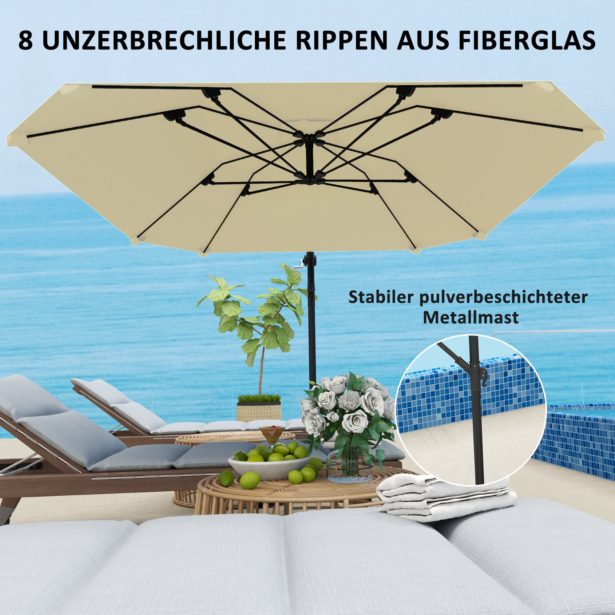 Cantilever Umbrella Aluminum Ø 260 cm Sunshade, Waterproof Crank Umbrella with Stand, Crank, Wind Protection, Adjustable Market Umbrella Tilt-able Garden Umbrella Sun Protection for Balcony Garden Terrace Beige