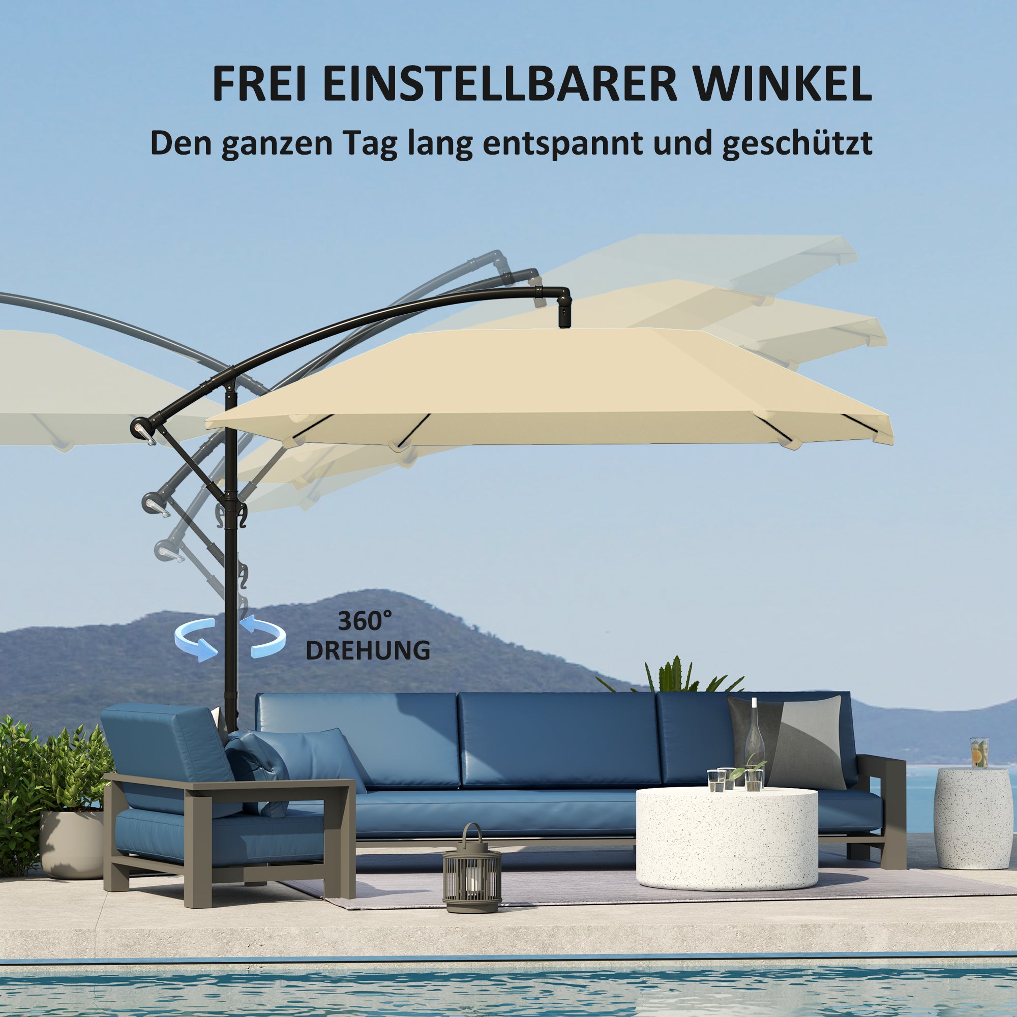 Cantilever Umbrella Aluminum Ø 260 cm Sunshade, Waterproof Crank Umbrella with Stand, Crank, Wind Protection, Adjustable Market Umbrella Tilt-able Garden Umbrella Sun Protection for Balcony Garden Terrace Beige