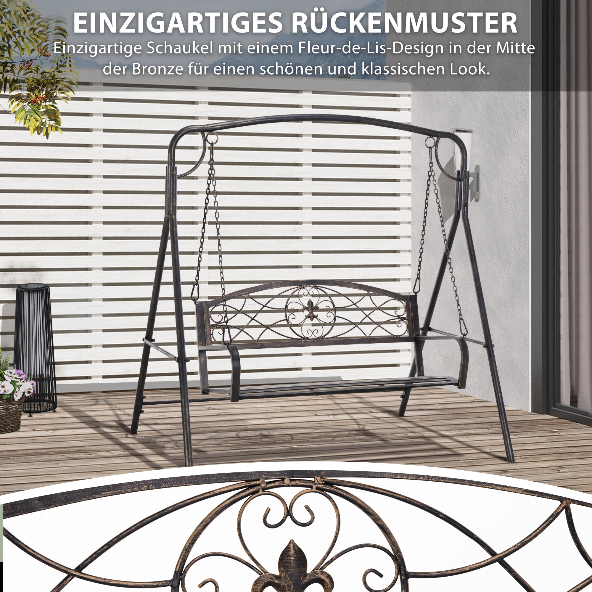 Garden Swing for 2 Persons, Porch Swing, Swing Bench, Metal, Black with Gold Tones, 167 x 123 x 175 cm