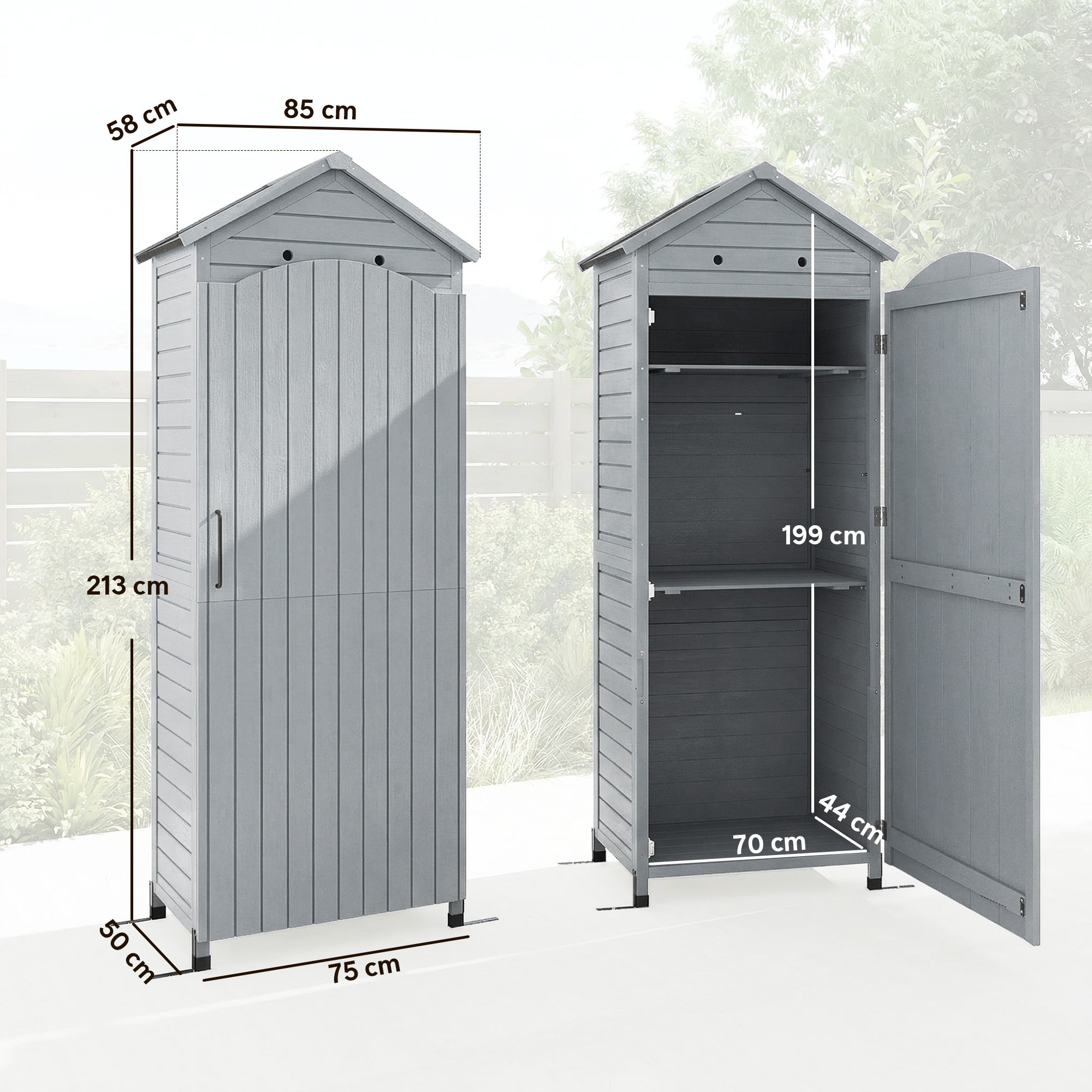 Extra-Tall Wooden Garden Storage Shed with Adjustable Shelves, Magnetic Door, Galvanized Roof, Ventilation & Anti-Tip Kit, 85 x 58 x 213 cm (33.5 x 22.8 x 84 in) – Gray