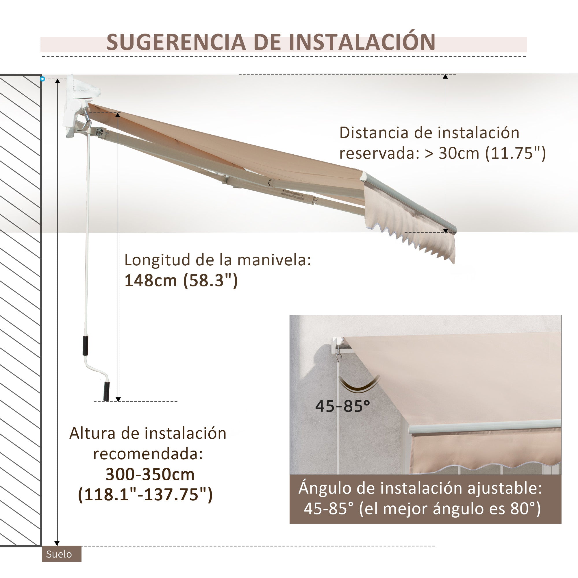 Manual Retractable Awning 295x200 cm Awning for Balcony with Metal Crank Waterproof and Anti-UV Exterior Roller Awning for Garden Terrace Windows Beige