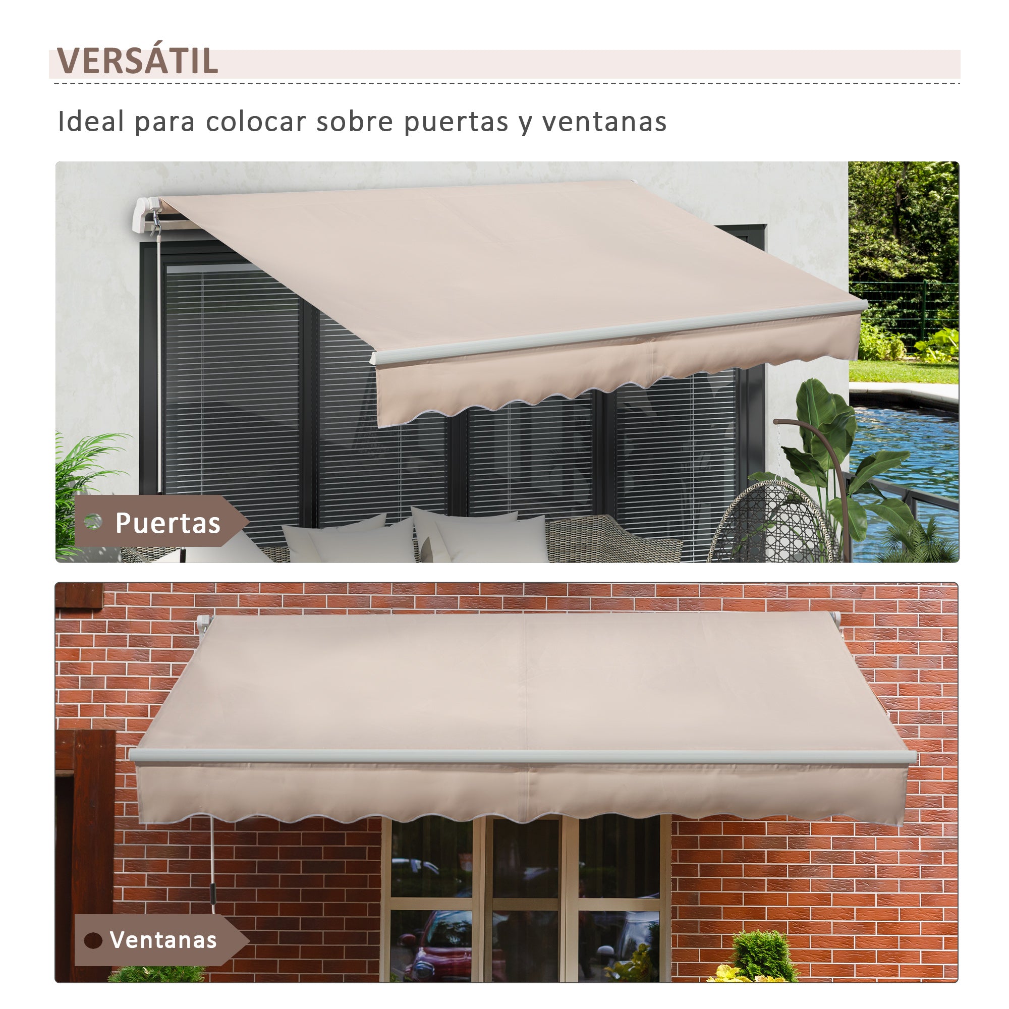 Manual Retractable Awning 295x200 cm Awning for Balcony with Metal Crank Waterproof and Anti-UV Exterior Roller Awning for Garden Terrace Windows Beige