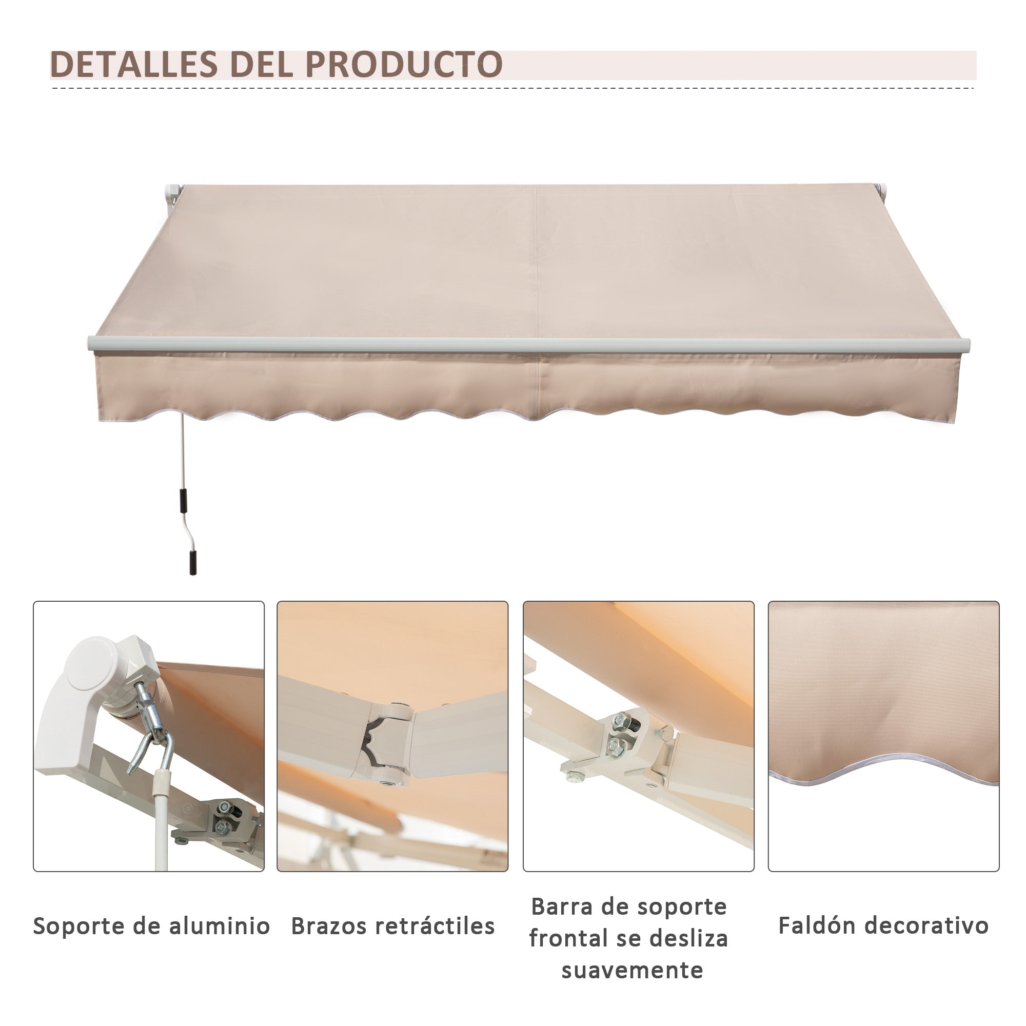 Manual Retractable Awning 295x200 cm Awning for Balcony with Metal Crank Waterproof and Anti-UV Exterior Roller Awning for Garden Terrace Windows Beige