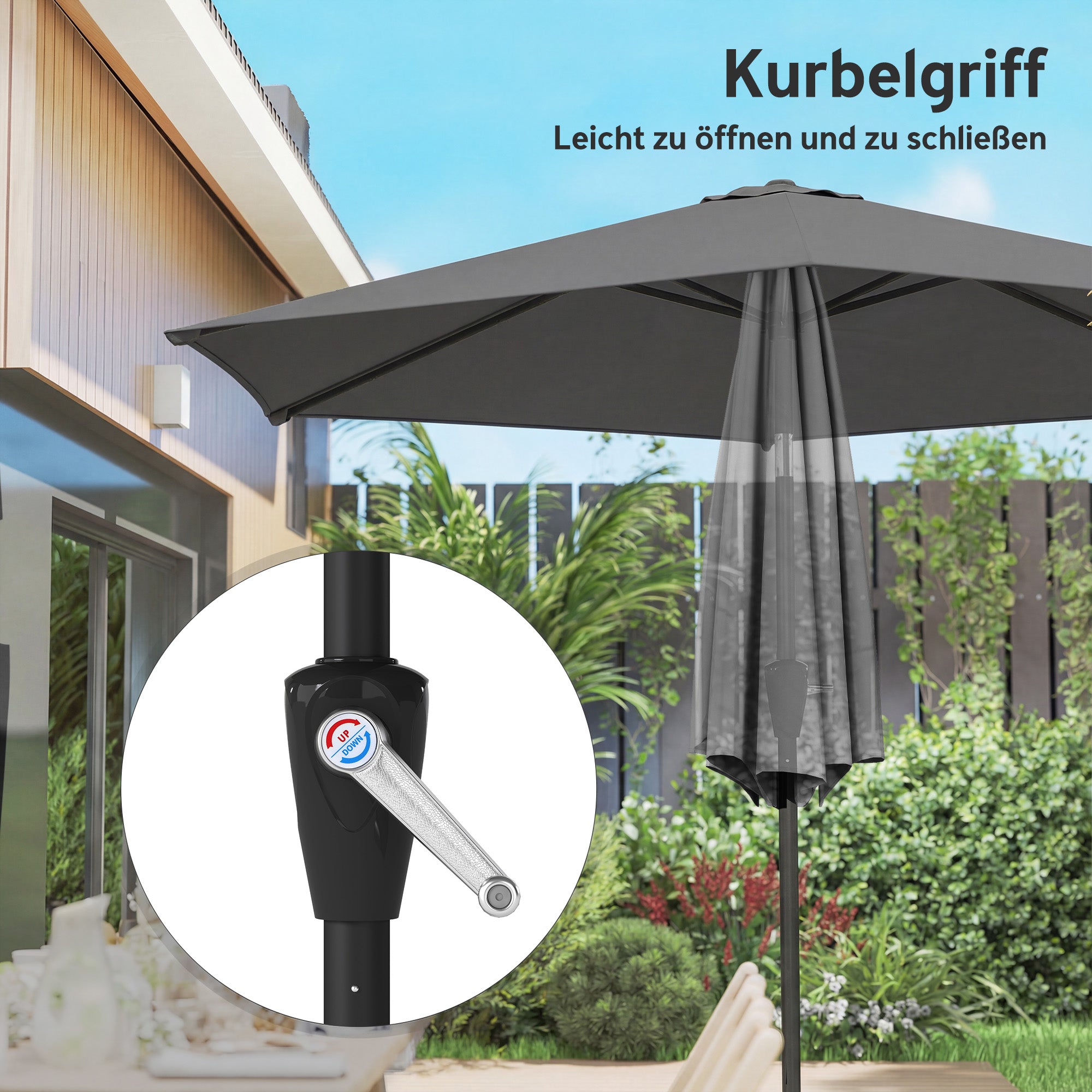 270 cm (8.9 ft) Tilt Patio Umbrella with Crank – UV 50+ Market Parasol, Wind-Resistant Garden/Balcony/Terrace Umbrella, Dark Gray