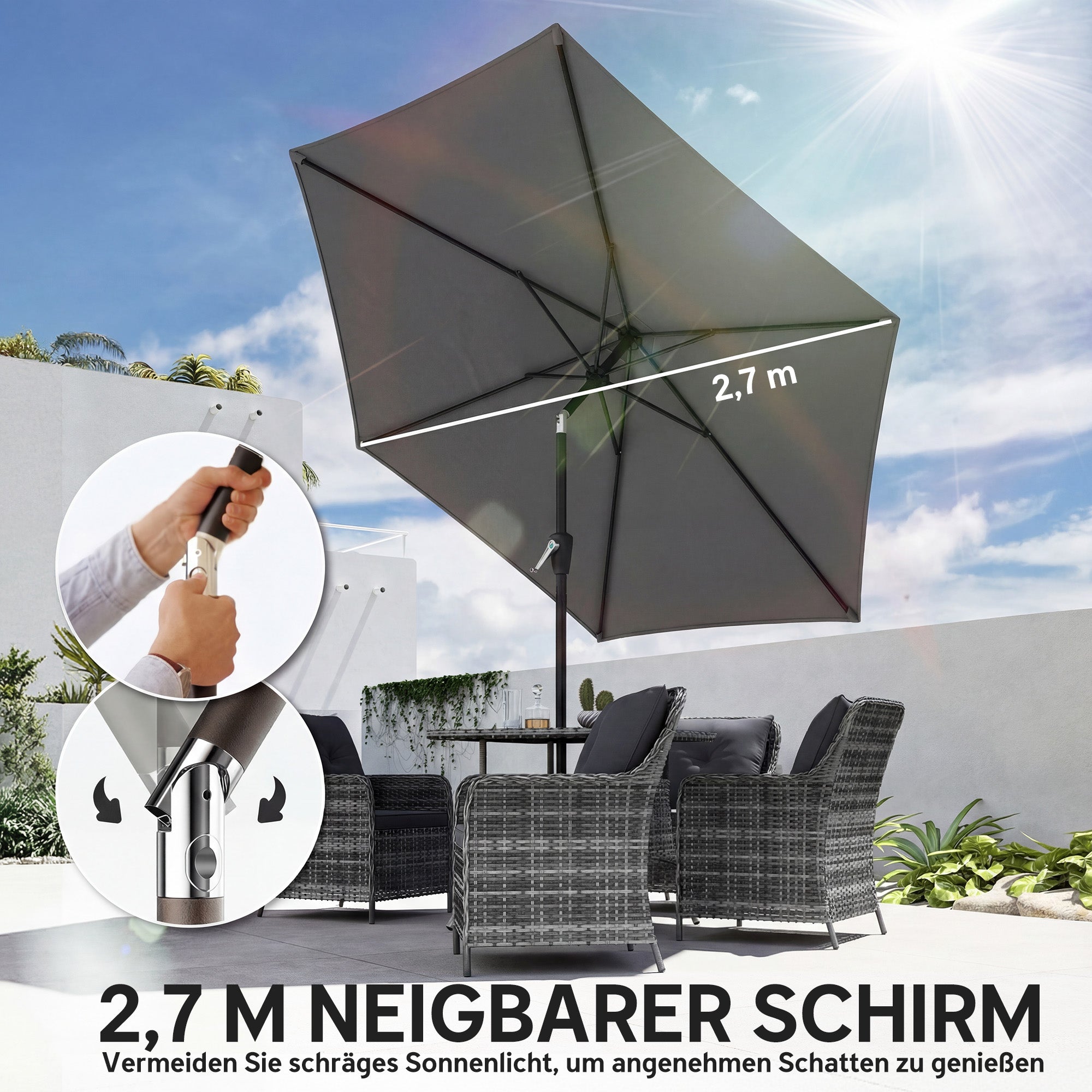 270 cm (8.9 ft) Tilt Patio Umbrella with Crank – UV 50+ Market Parasol, Wind-Resistant Garden/Balcony/Terrace Umbrella, Dark Gray