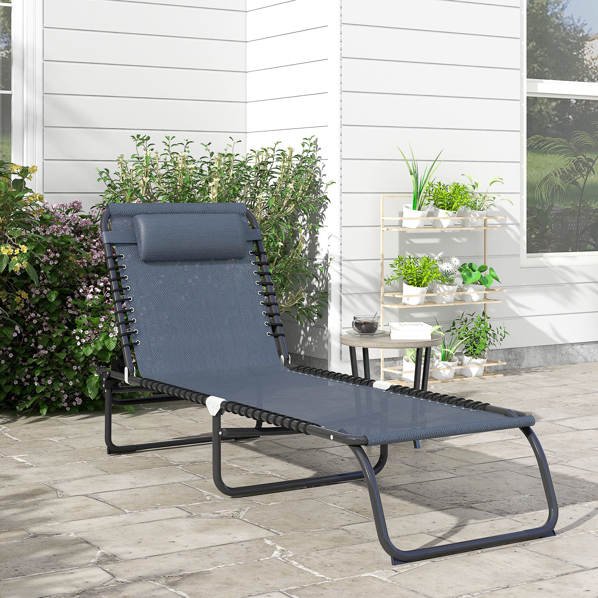 Folding Sun Lounger Garden Lounger, Recliner with 4-Position Adjustable Backrest, Weatherproof Camp Lounger up to 120 kg Load Capacity, for Garden Beach Pool, Gray