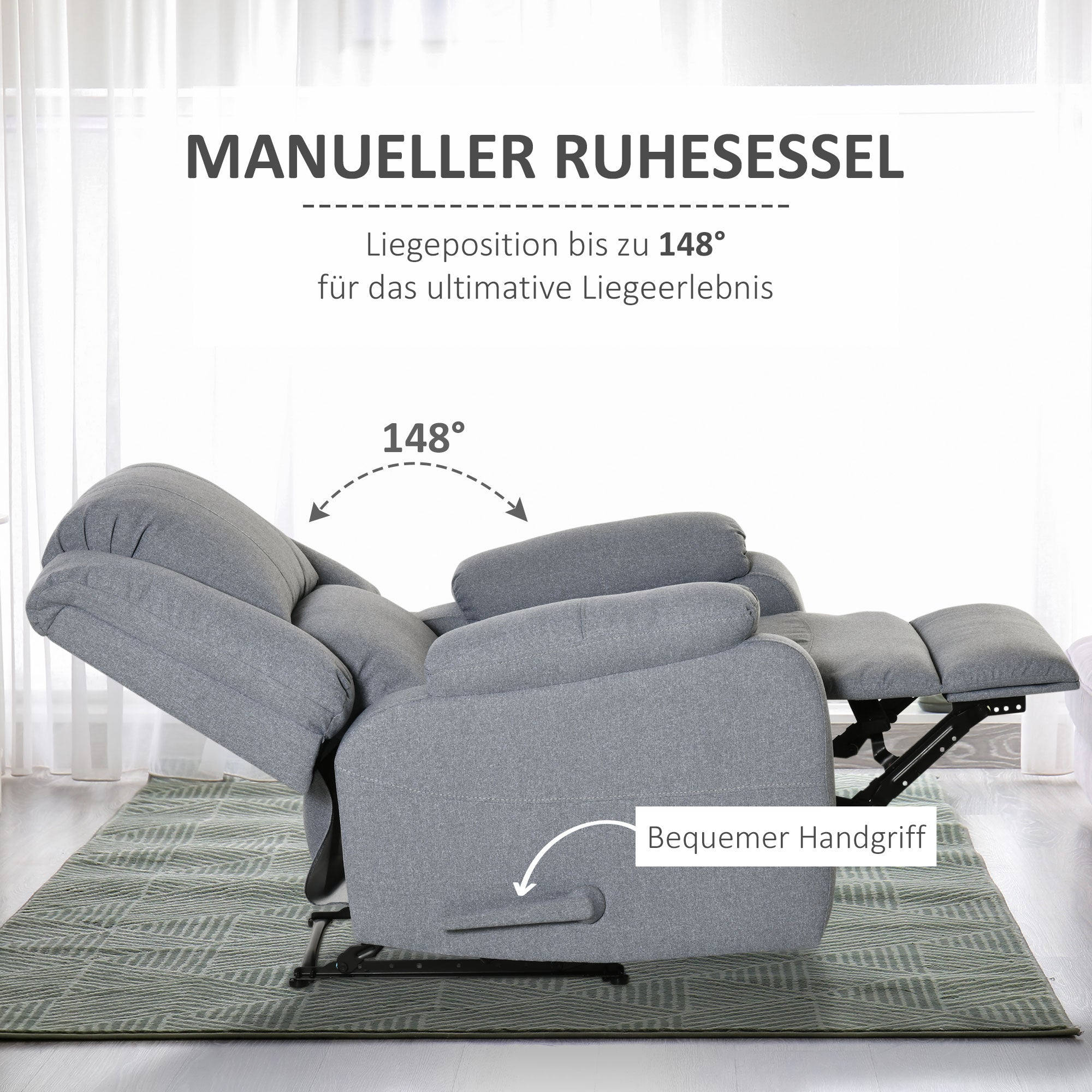 Manual Recliner TV Armchair with Reclining Function, Linen Look, TV Armchair with Side Handle, Footrest, up to 150 kg Load Capacity, for Living Room, Light Grey