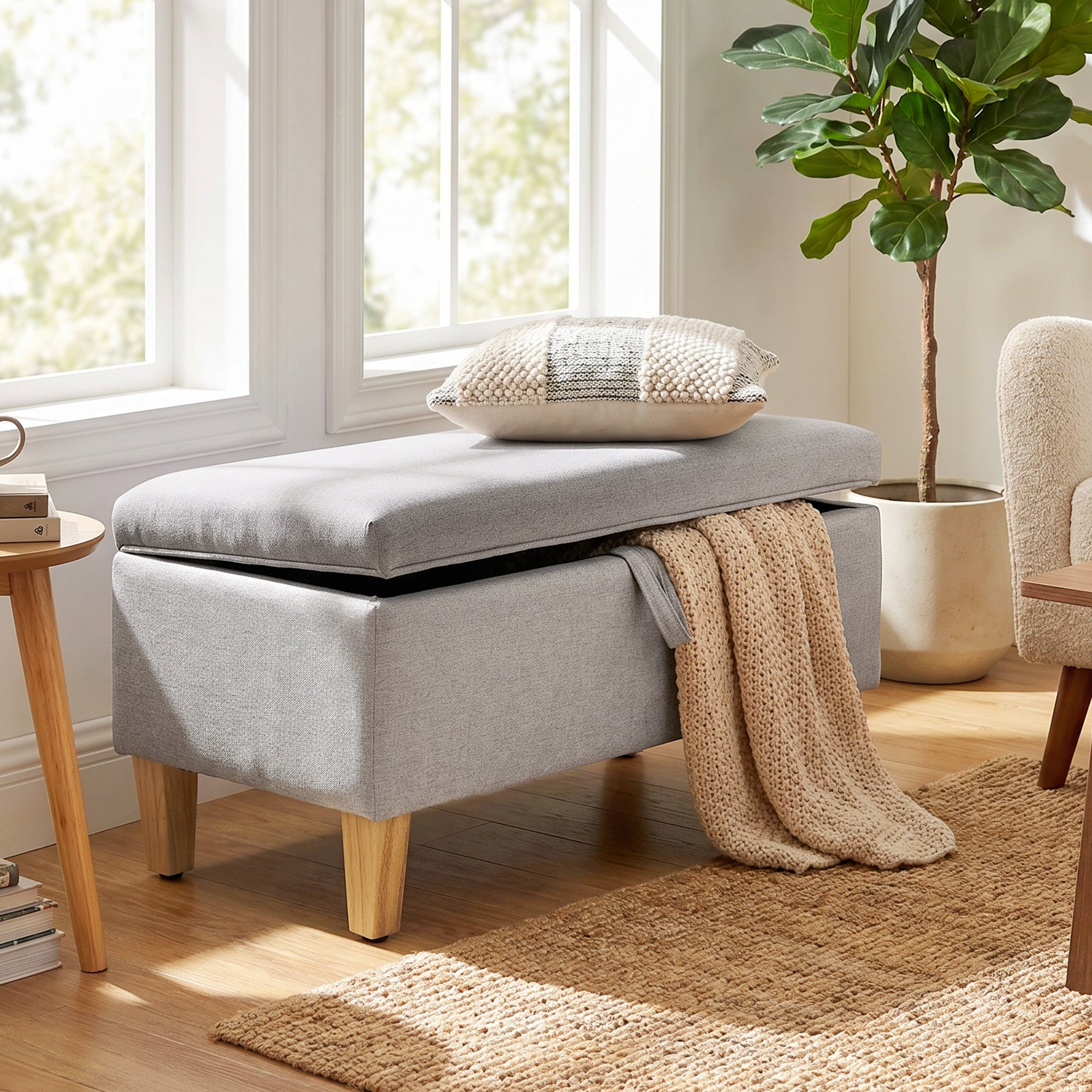 Storage Bench — Linen-Upholstered End-of-Bed Ottoman with Rubberwood Legs, Light Gray, 71 x 37 x 36 cm (28.0 x 14.6 x 14.2 in)