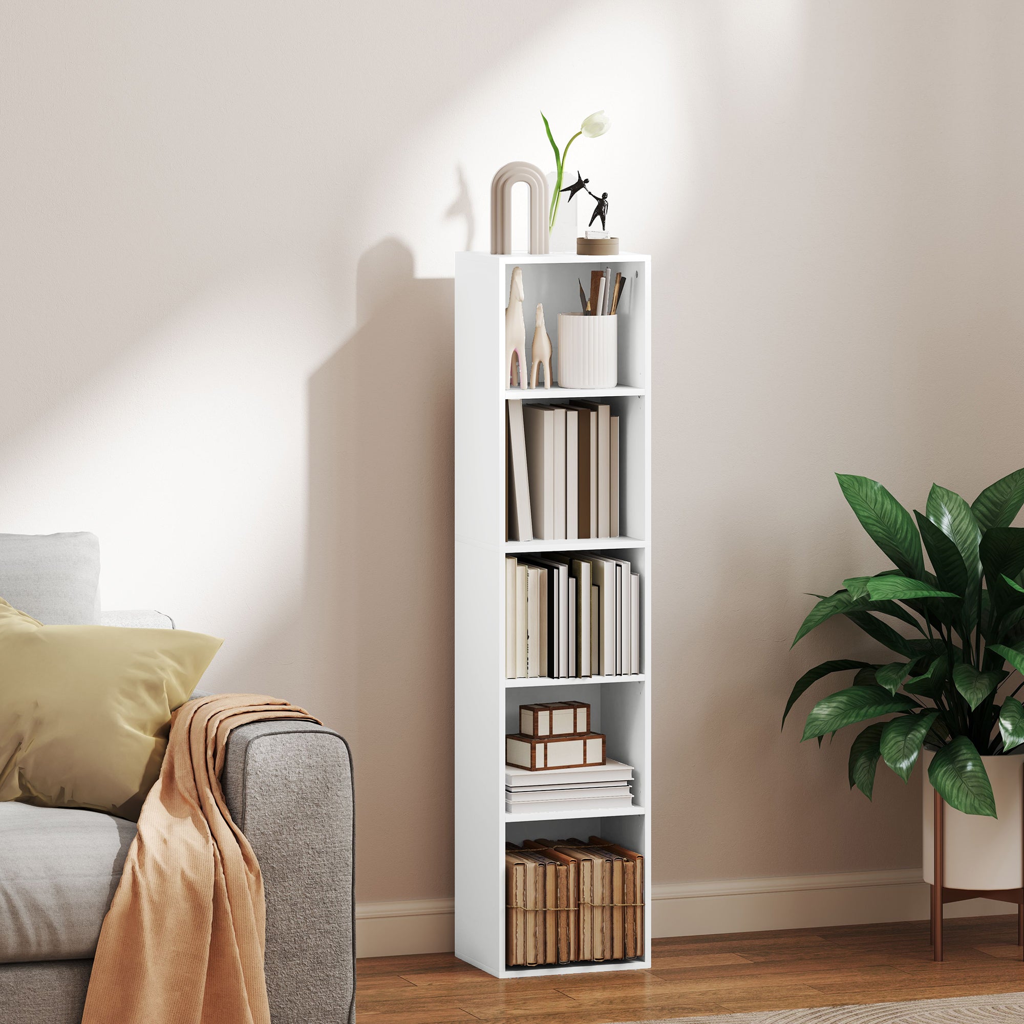 Bookcase, Shelving Unit with 5 Levels, Storage Rack with Adjustable Shelves for Living Room, Bedroom, White