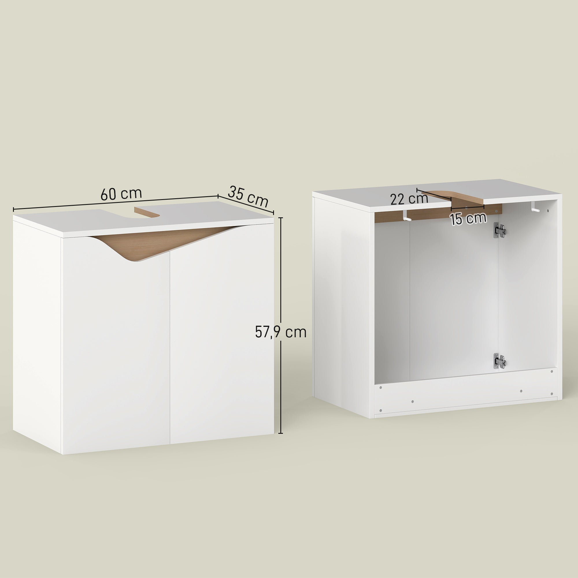 Under-Sink Bathroom Cabinet, 2 Soft-Close Doors, Modern Style, 23.6 x 13.8 x 22.8 in, White & Natural Wood
