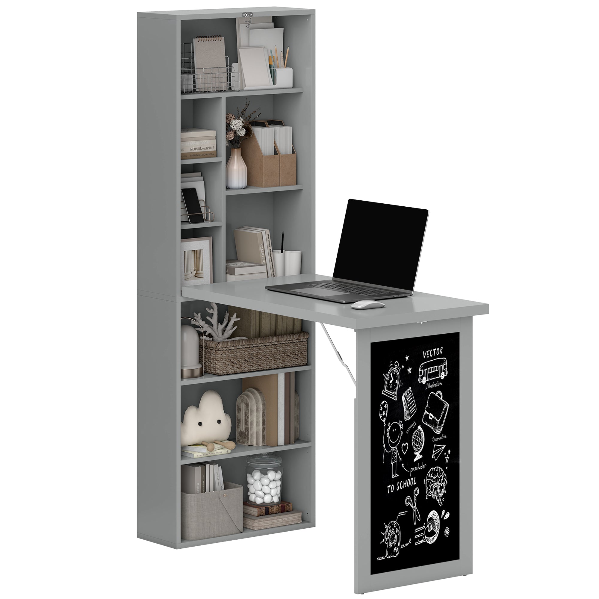 Foldable Computer Desk with Storage, Wall-mounted Foldable Table with Bookshelf, Workstation, Chalkboard, and Adjustable Shelf, Dark Gray