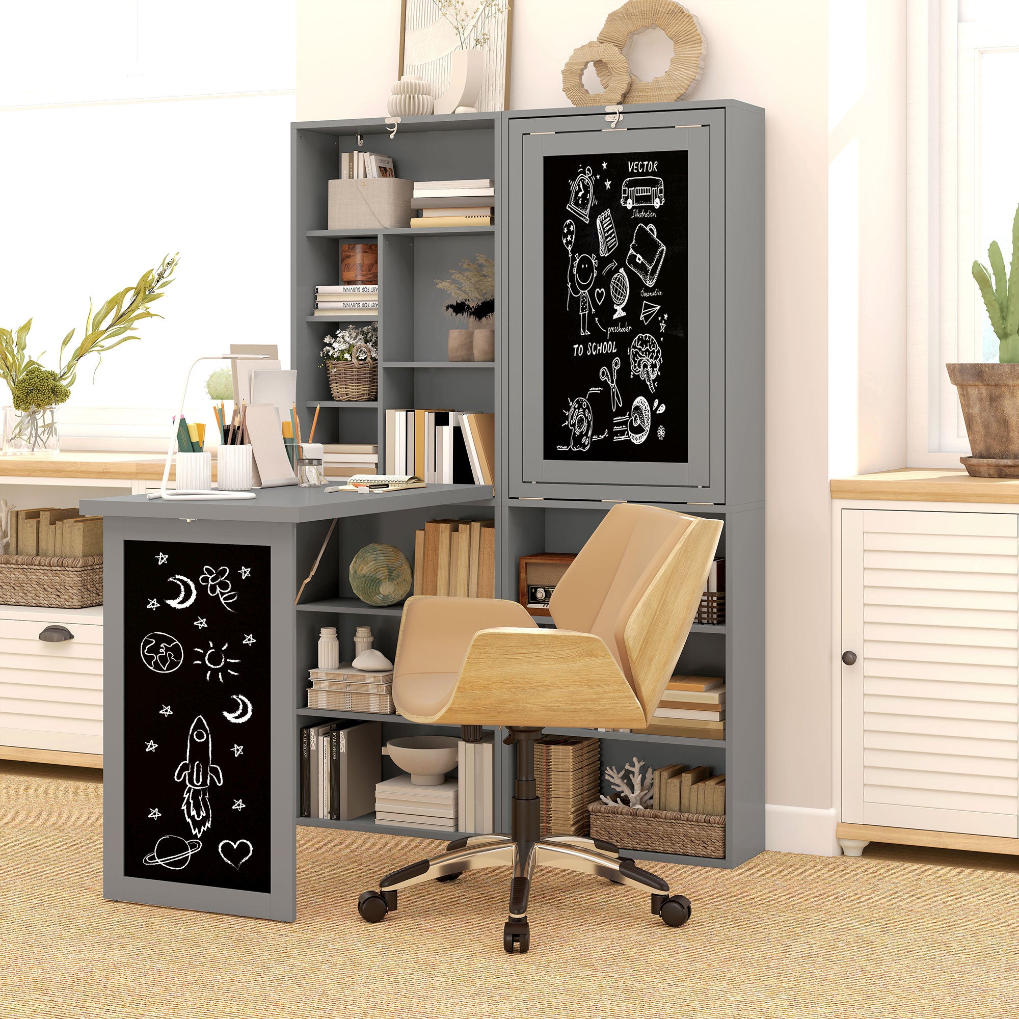 Foldable Computer Desk with Storage, Wall-mounted Foldable Table with Bookshelf, Workstation, Chalkboard, and Adjustable Shelf, Dark Gray