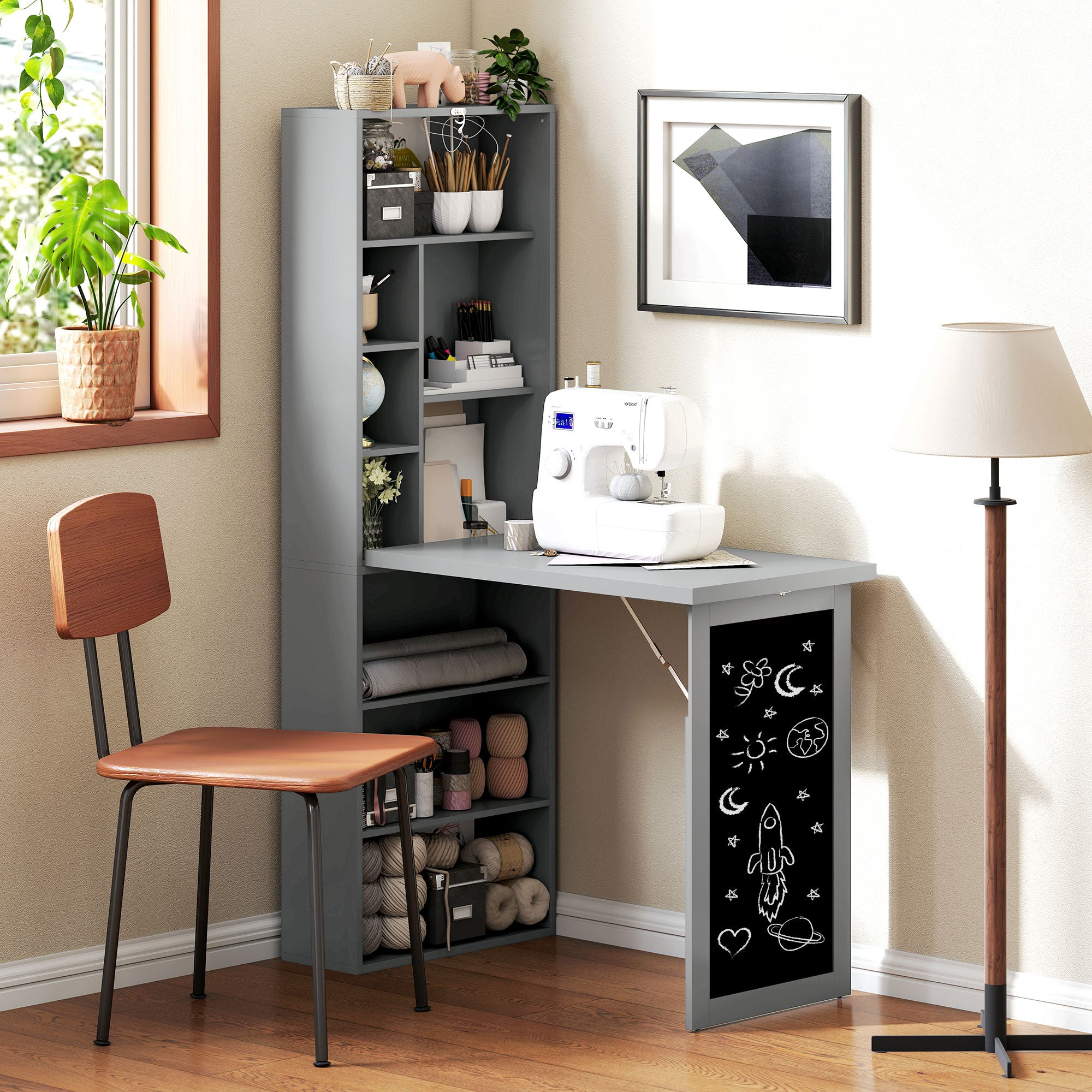 Foldable Computer Desk with Storage, Wall-mounted Foldable Table with Bookshelf, Workstation, Chalkboard, and Adjustable Shelf, Dark Gray