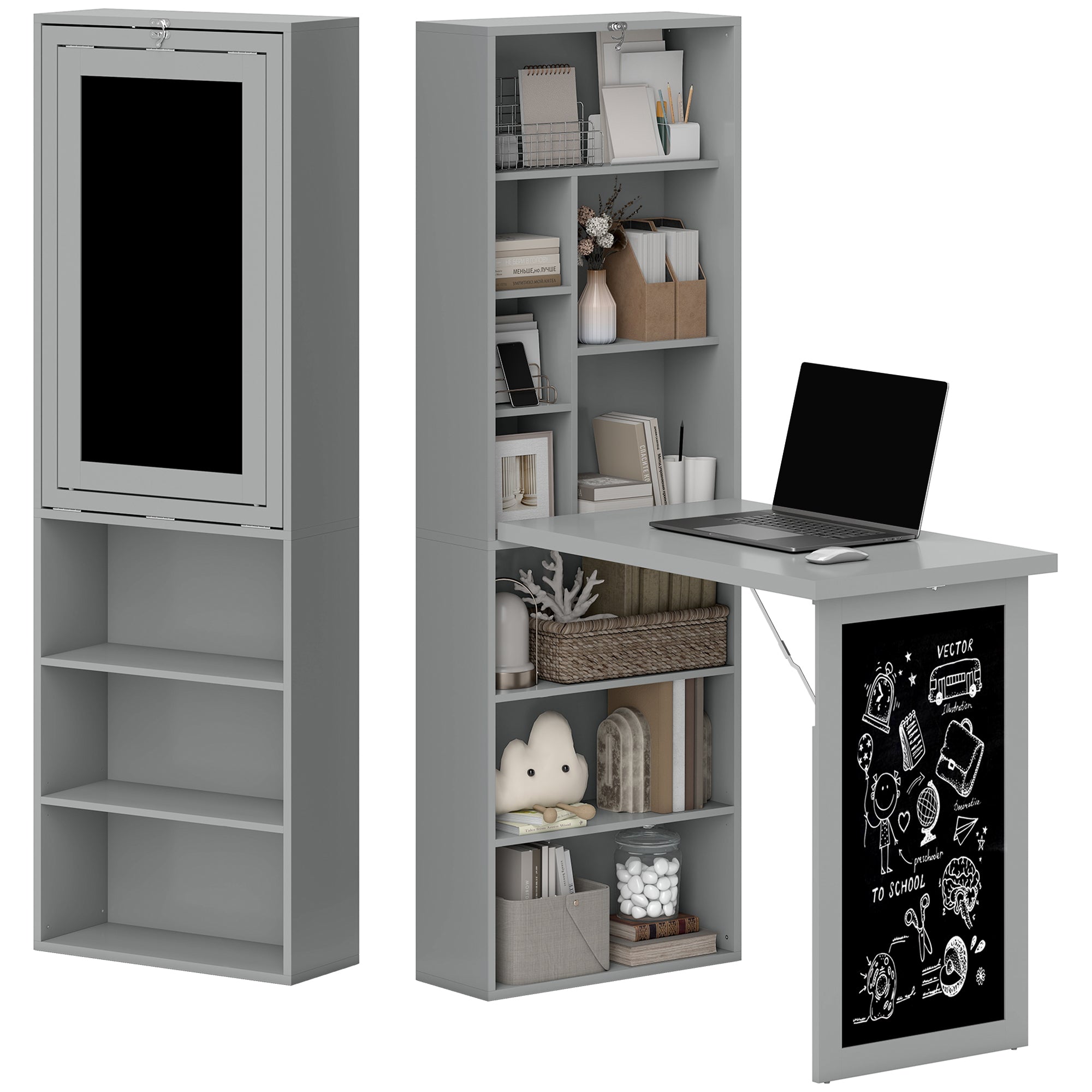 Foldable Computer Desk with Storage, Wall-mounted Foldable Table with Bookshelf, Workstation, Chalkboard, and Adjustable Shelf, Dark Gray