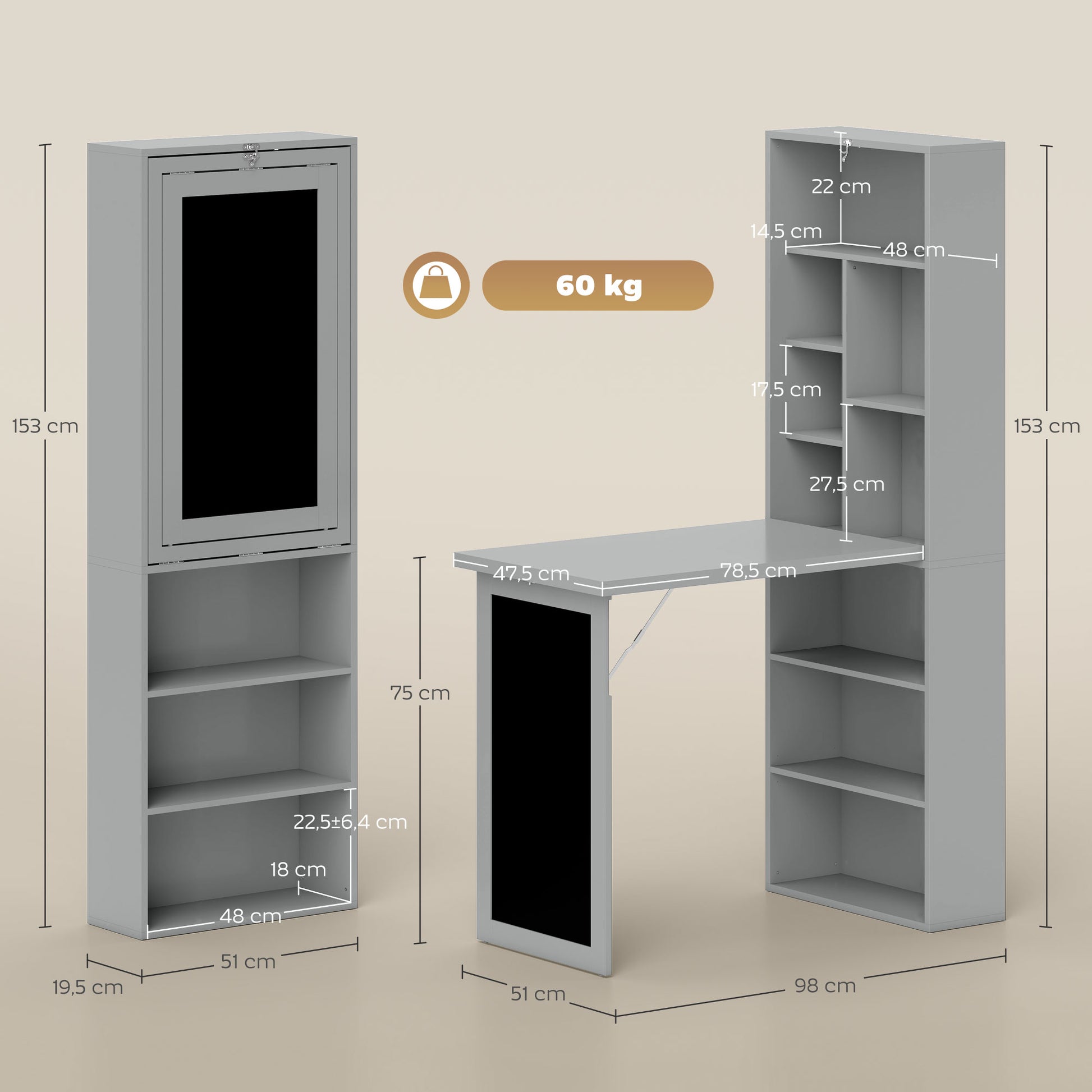 Foldable Computer Desk with Storage, Wall-mounted Foldable Table with Bookshelf, Workstation, Chalkboard, and Adjustable Shelf, Dark Gray