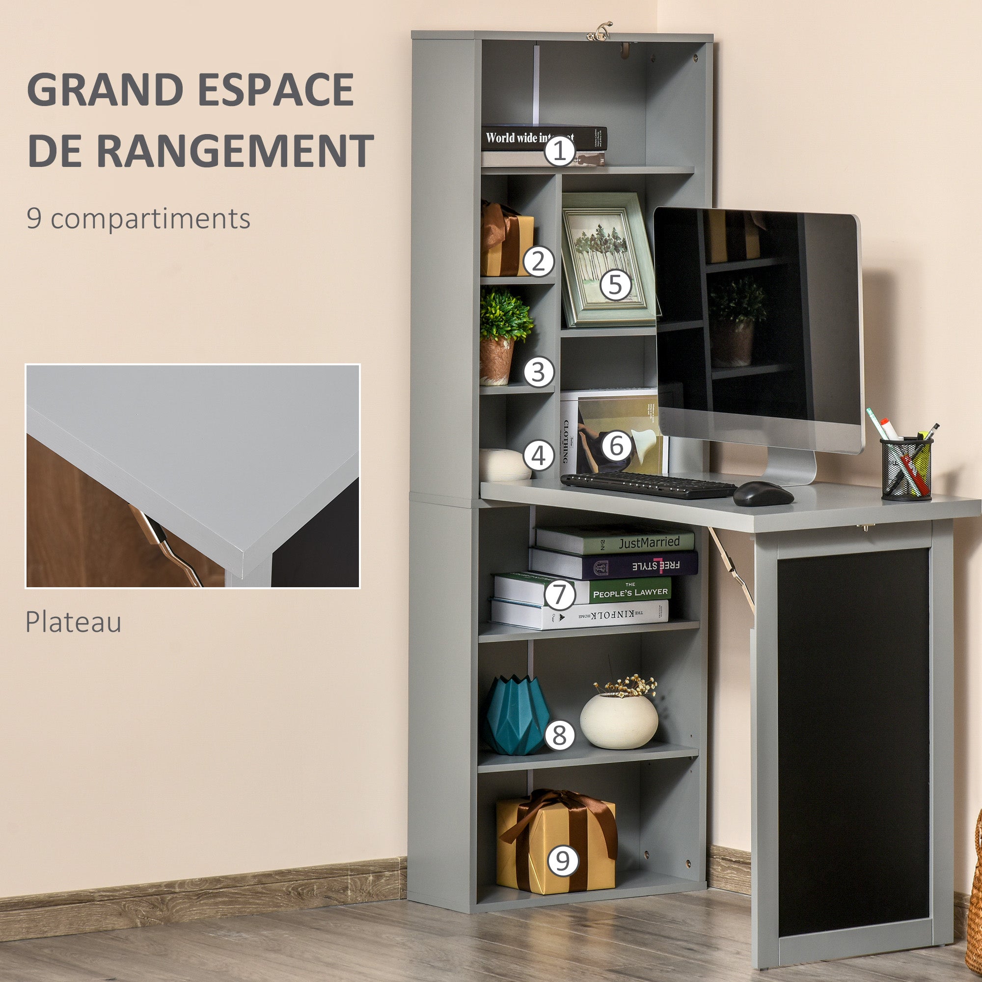 Foldable Computer Desk with Storage, Wall-mounted Foldable Table with Bookshelf, Workstation, Chalkboard, and Adjustable Shelf, Dark Gray