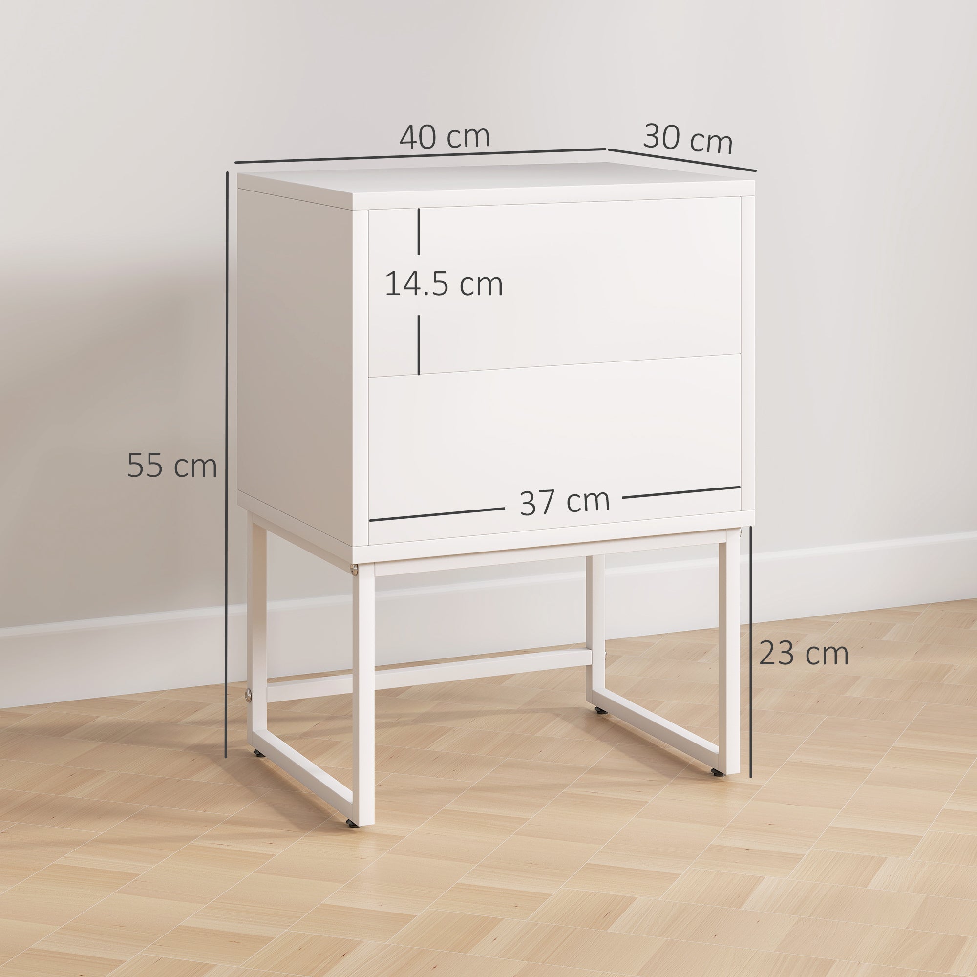 Pack of 2 Narrow Bedside Tables Bedroom Nightstands with 2 Push-Open Drawers and Steel Legs Modern Style 40x30x55 cm White