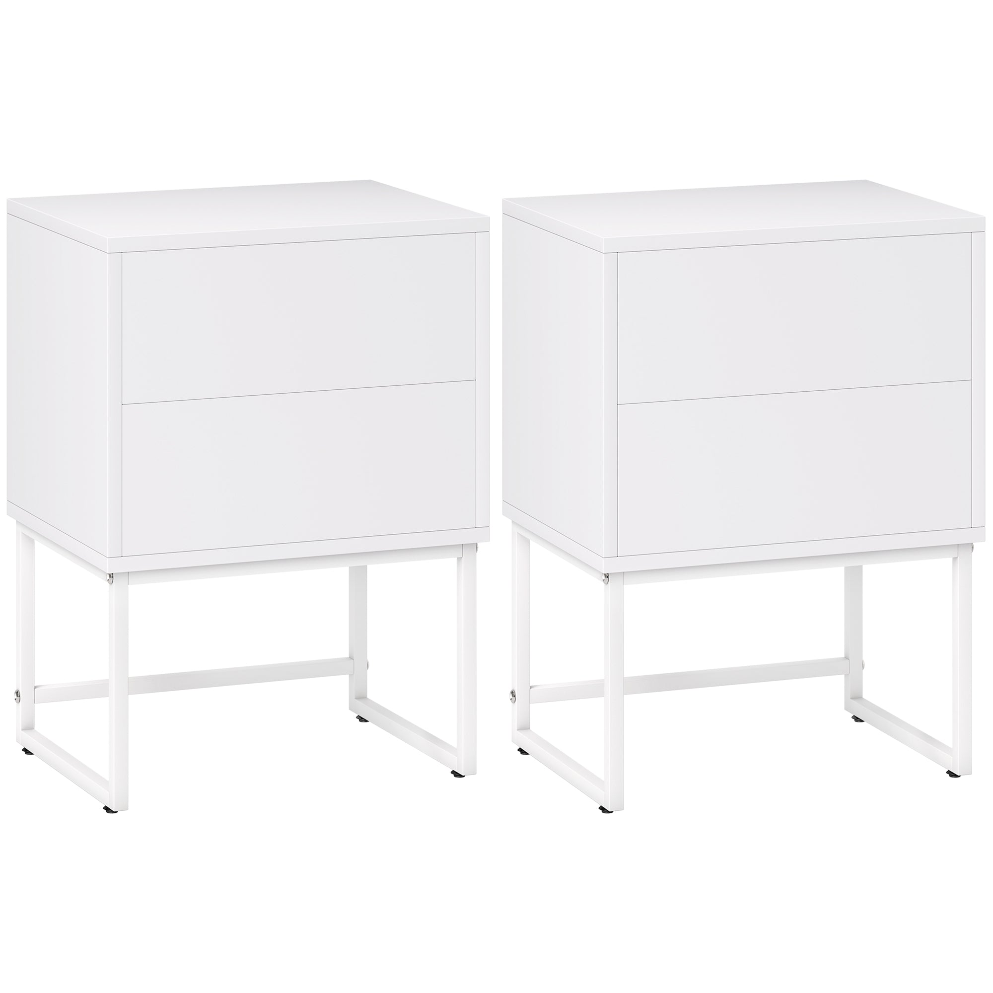 Pack of 2 Narrow Bedside Tables Bedroom Nightstands with 2 Push-Open Drawers and Steel Legs Modern Style 40x30x55 cm White
