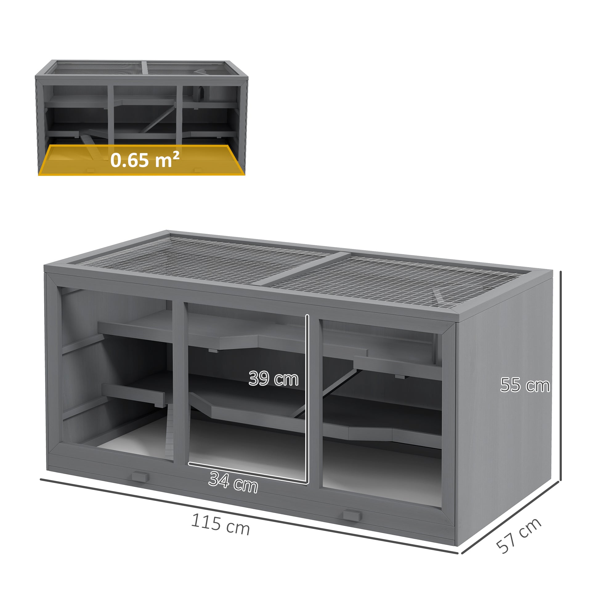 Wooden Hamster Cage 3 Levels Rodent Cage with Removable Tray Small Animal Cage with Folding Lid Stairs Wooden Cage Cage for Hamster Dwarf Hamster 115 x 57 x 55 cm Grey