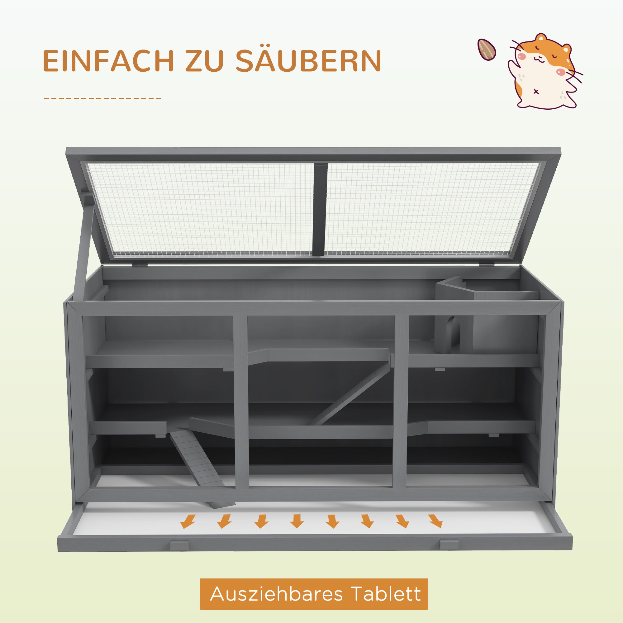 Wooden Hamster Cage 3 Levels Rodent Cage with Removable Tray Small Animal Cage with Folding Lid Stairs Wooden Cage Cage for Hamster Dwarf Hamster 115 x 57 x 55 cm Grey