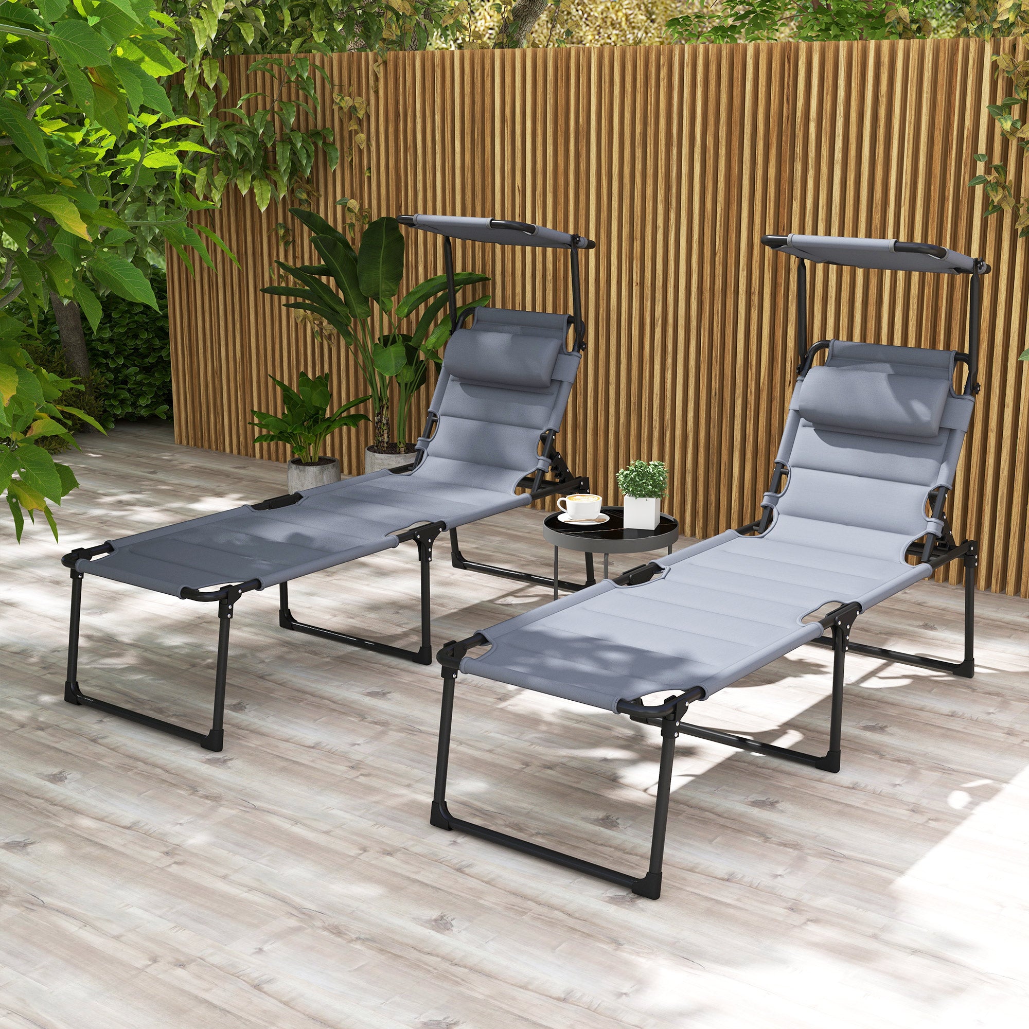 Set of 2 Foldable Comfortable Sun Loungers with Adjustable Sunshade and Multi-Position Reclining Backrest, Gray