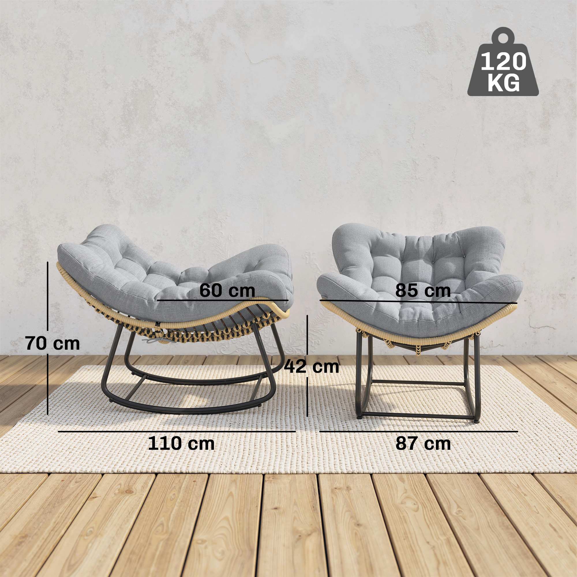 Rattan Rocking Chair with Thick Cushion, Indoor/Outdoor Patio Swing Chair, 265 lb Capacity, 34.3 x 43.3 x 27.6 in (87 x 110 x 70 cm) – Gray