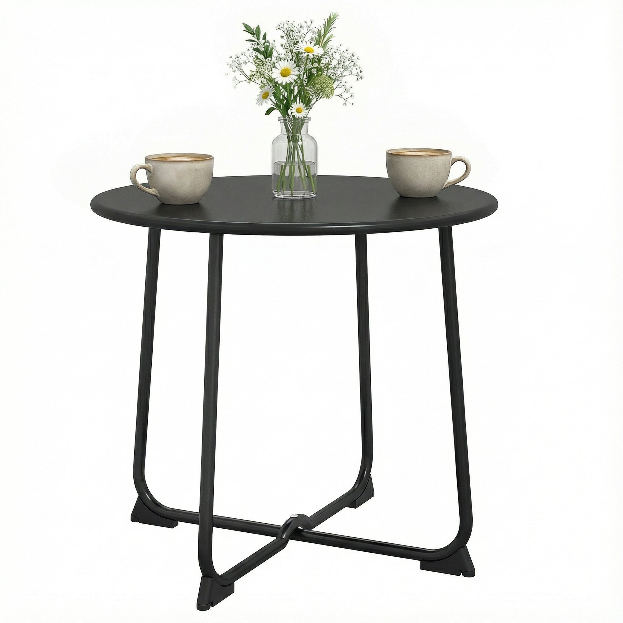 19.7 in Round Garden Side Table, Metal Outdoor Table with X-Base and Non-Slip Feet, Black