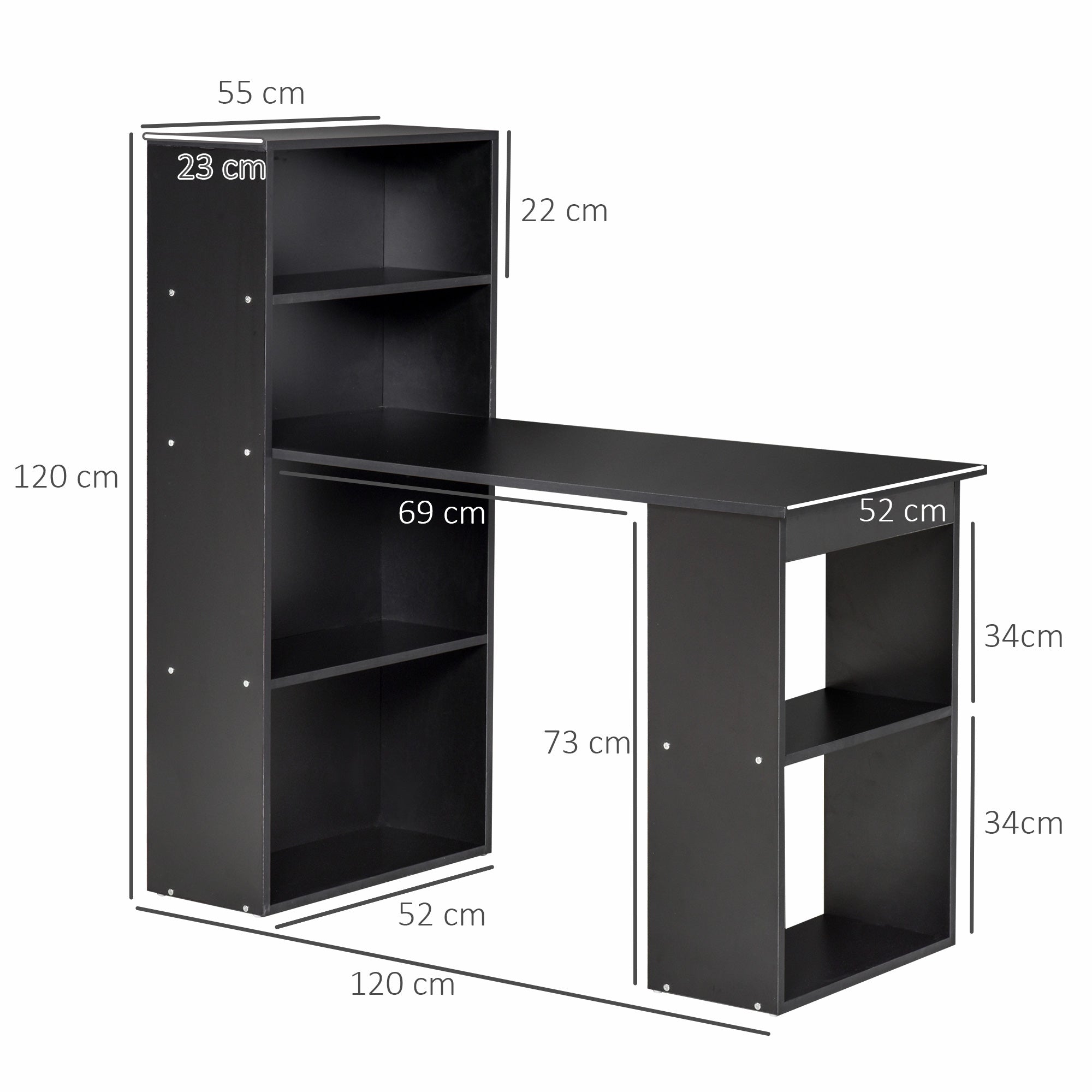 Computer Desk with Storage, 6 Open Compartments, Computer Table for Bedroom, Studio, 120 x 55 x 120 cm, Black