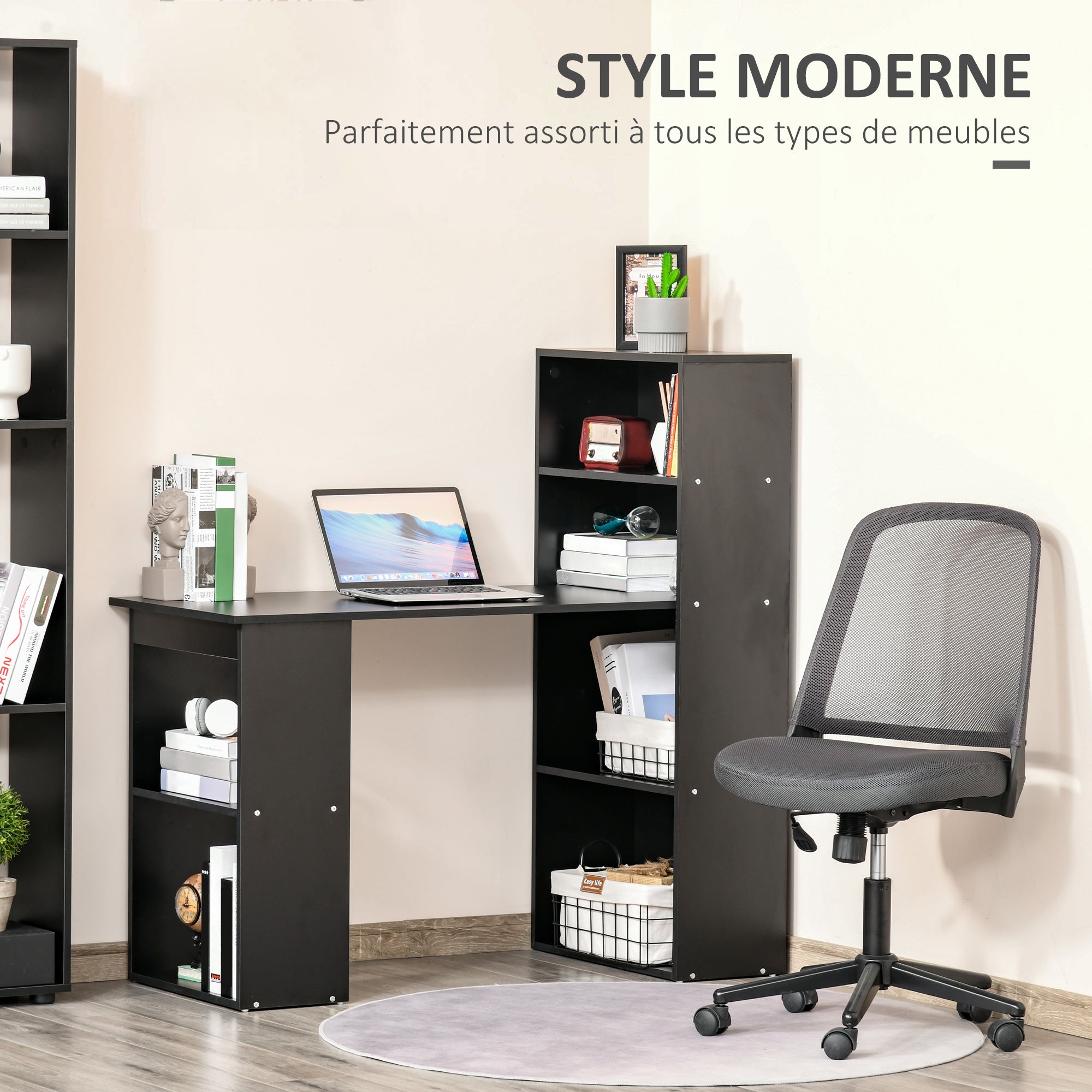 Computer Desk with Storage, 6 Open Compartments, Computer Table for Bedroom, Studio, 120 x 55 x 120 cm, Black