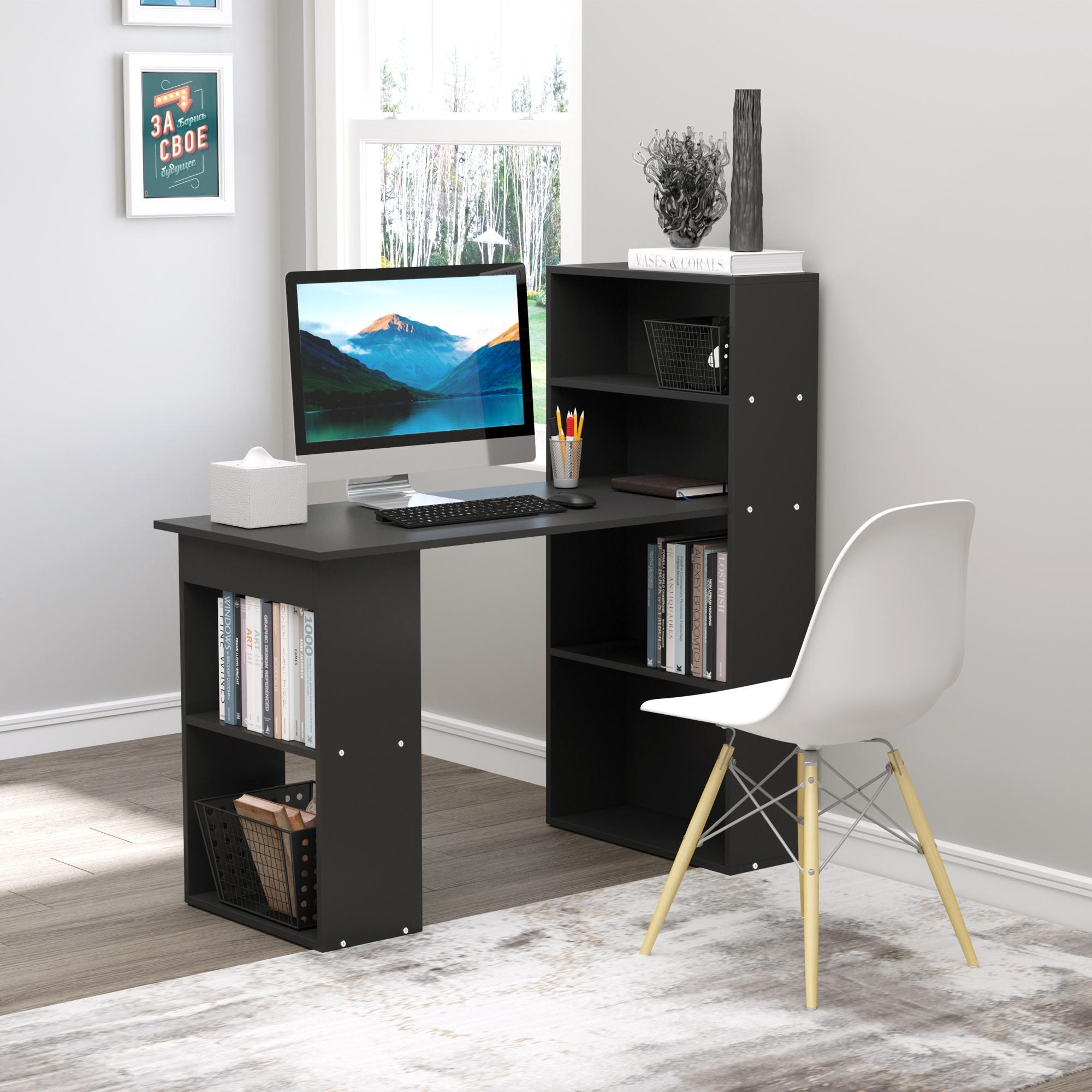 Computer Desk with Storage, 6 Open Compartments, Computer Table for Bedroom, Studio, 120 x 55 x 120 cm, Black