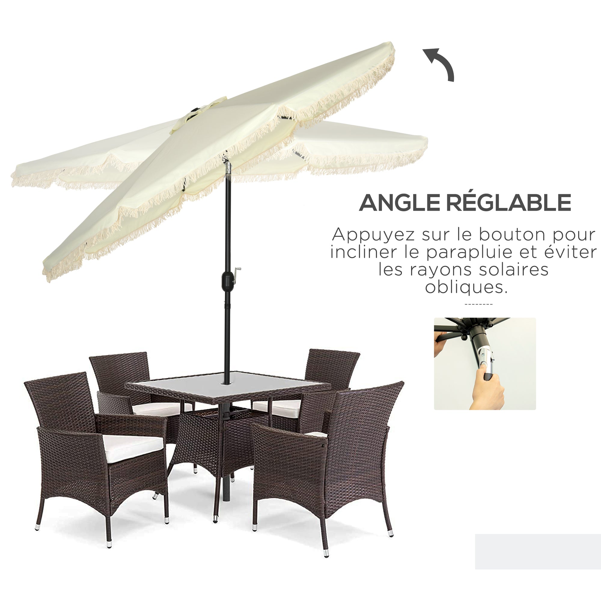 Garden Parasol Round Tilting Ø 268 cm with Fringes High-Density Anti-UV Polyester Fabric Removable Mast 8 Ribs, Cream