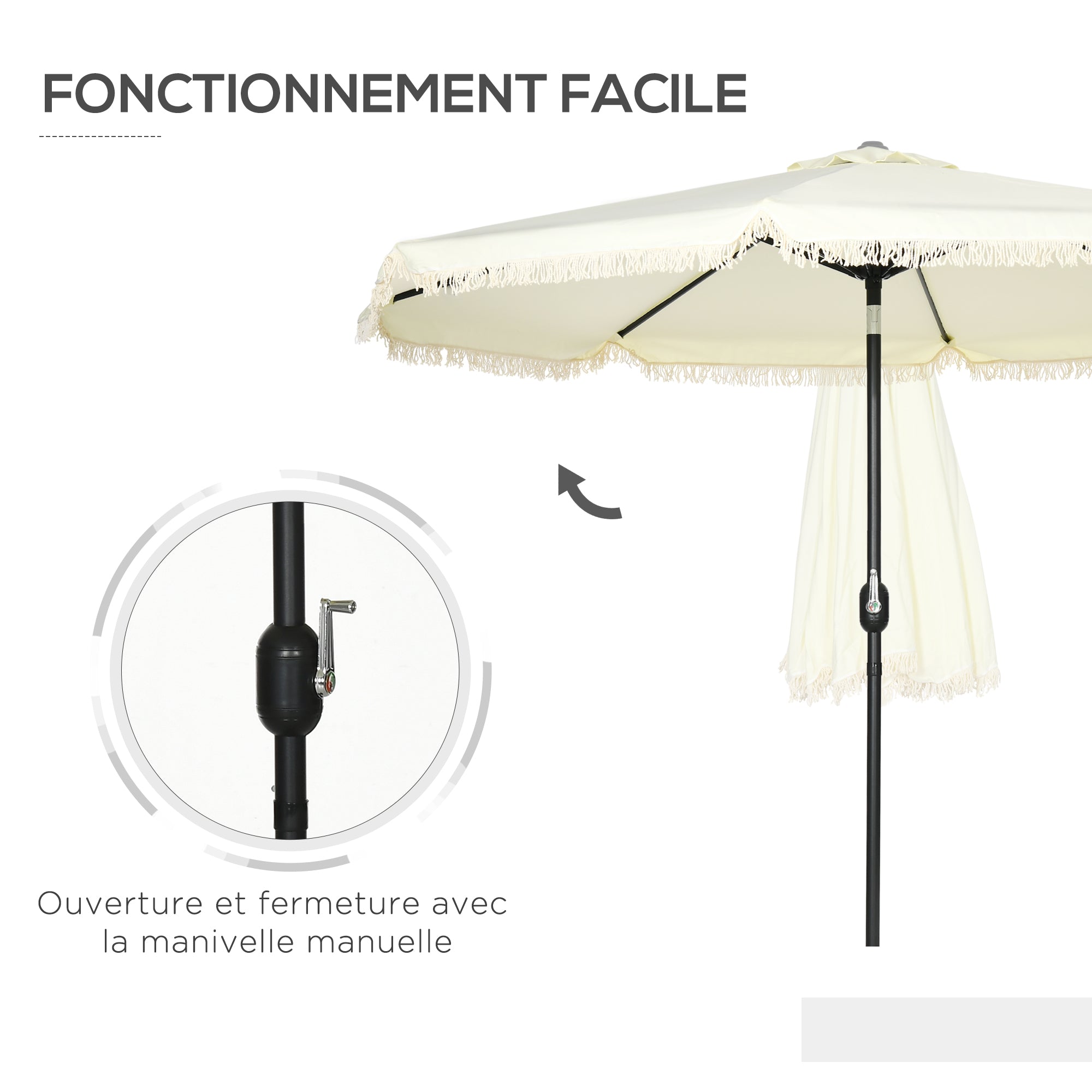 Garden Parasol Round Tilting Ø 268 cm with Fringes High-Density Anti-UV Polyester Fabric Removable Mast 8 Ribs, Cream