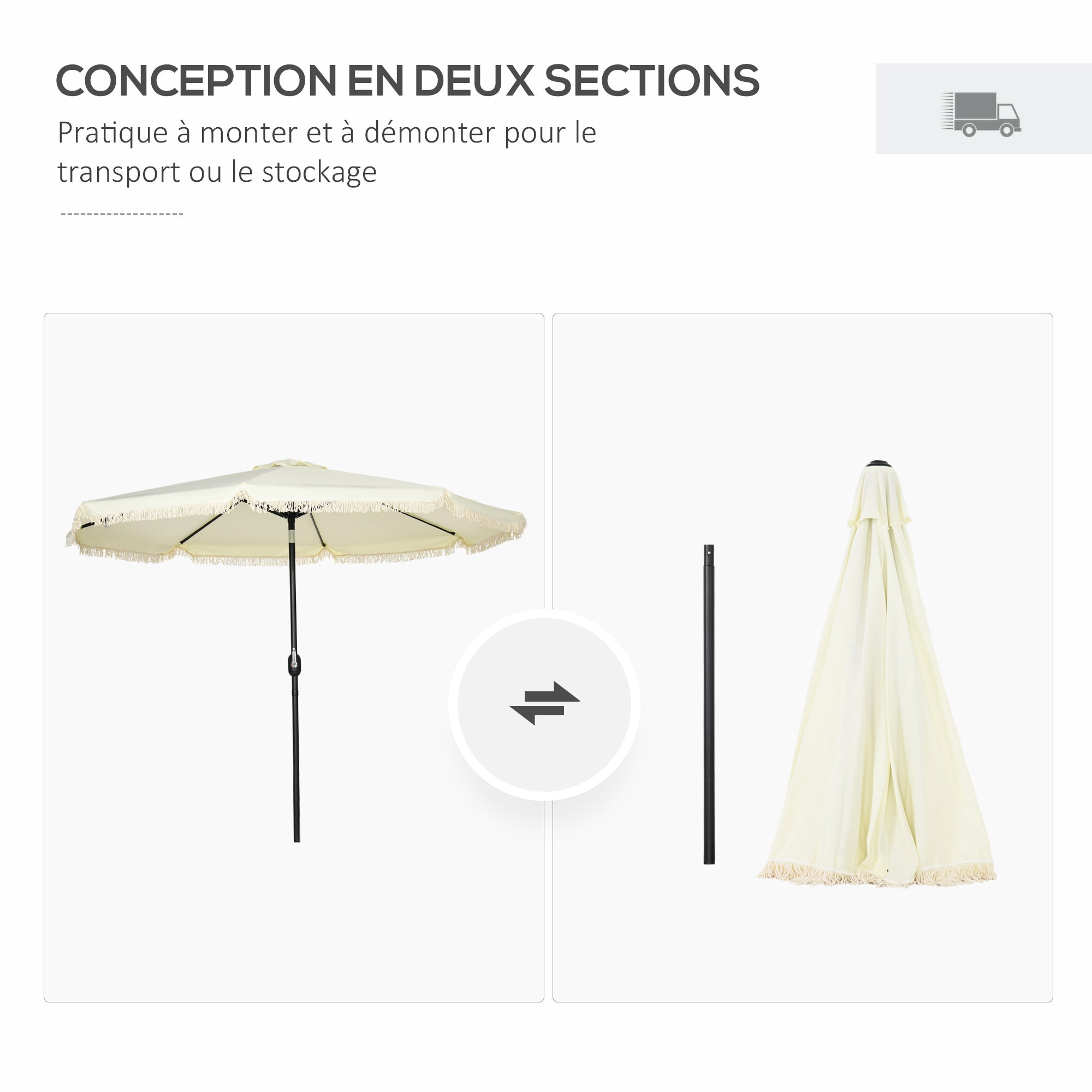 Garden Parasol Round Tilting Ø 268 cm with Fringes High-Density Anti-UV Polyester Fabric Removable Mast 8 Ribs, Cream