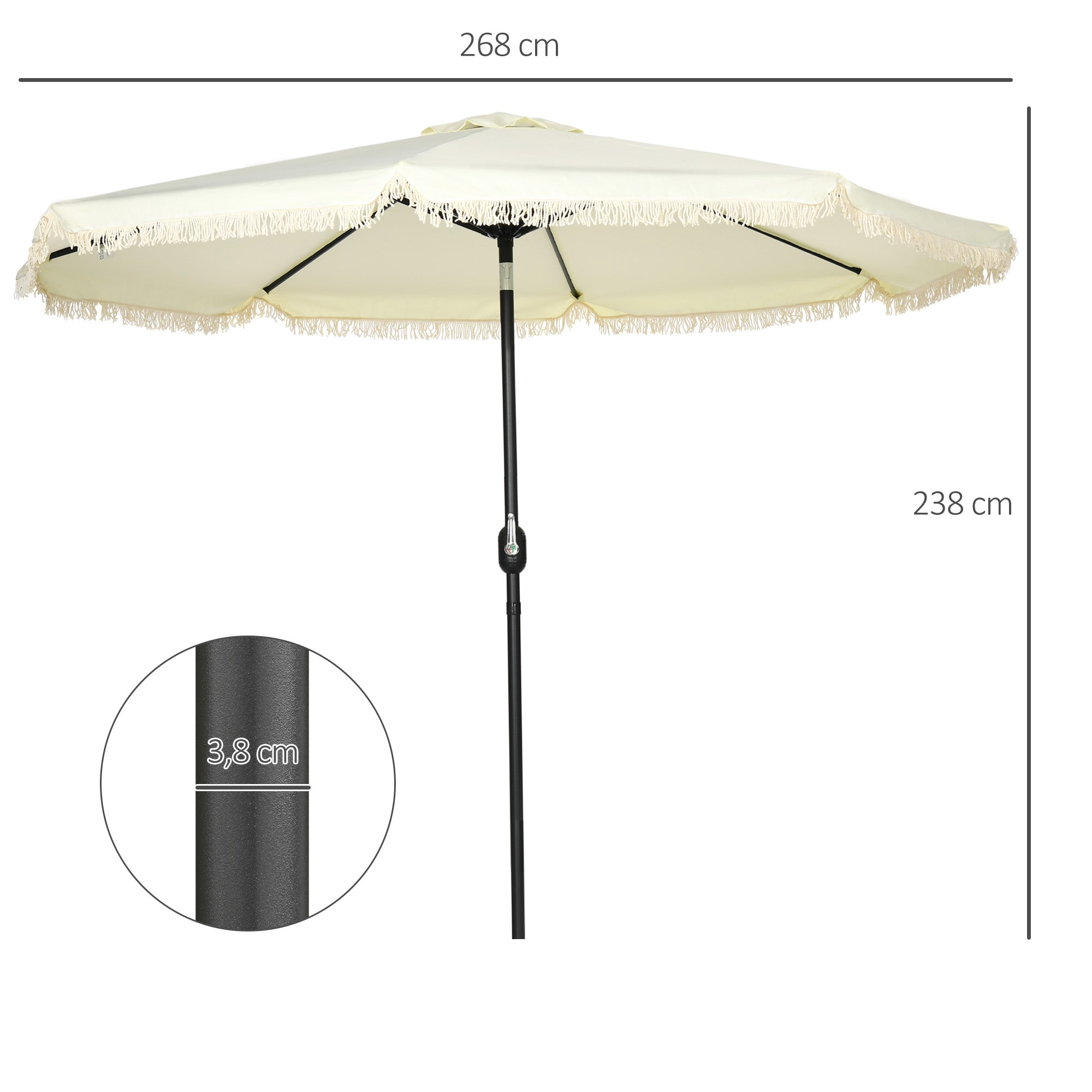 Garden Parasol Round Tilting Ø 268 cm with Fringes High-Density Anti-UV Polyester Fabric Removable Mast 8 Ribs, Cream