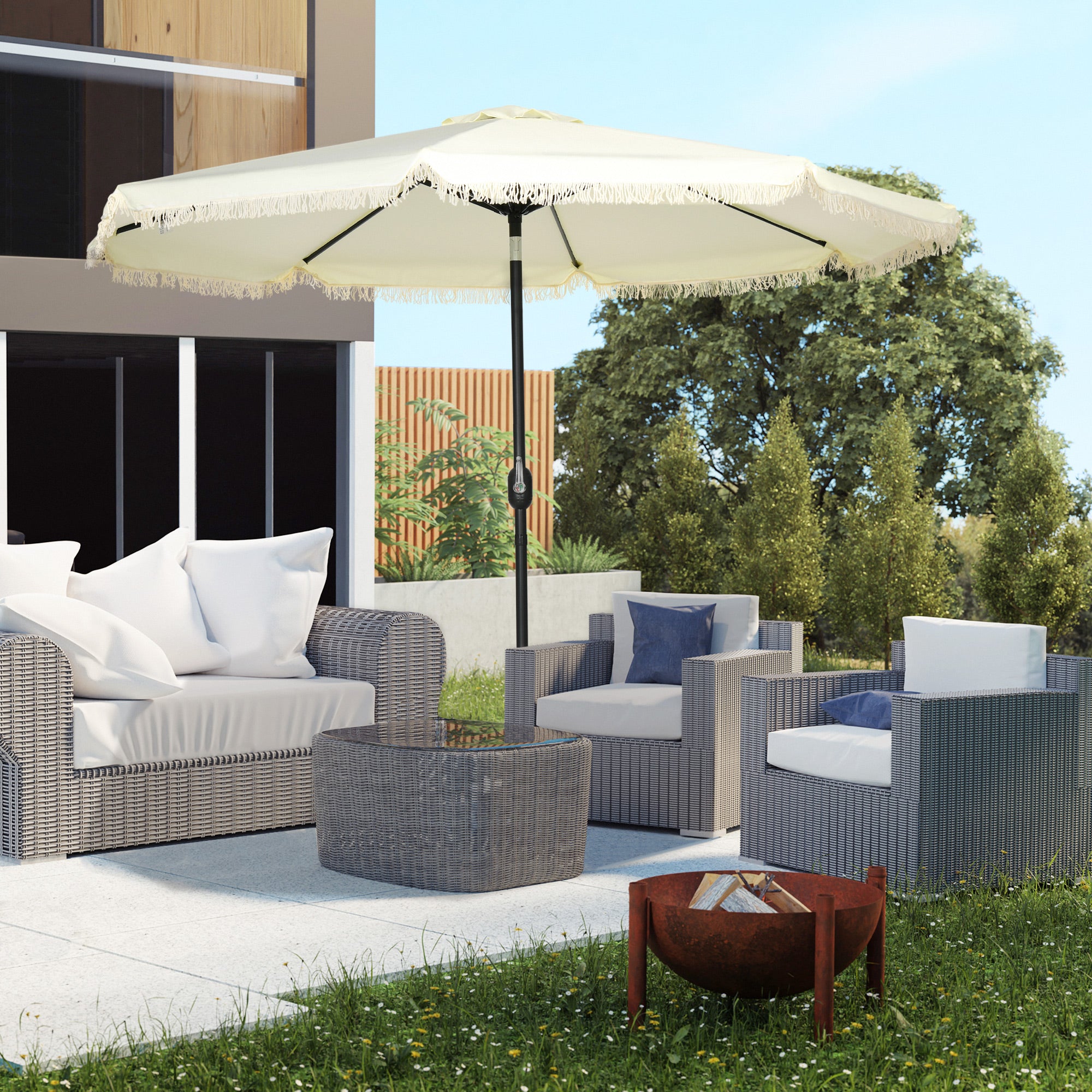 Garden Parasol Round Tilting Ø 268 cm with Fringes High-Density Anti-UV Polyester Fabric Removable Mast 8 Ribs, Cream