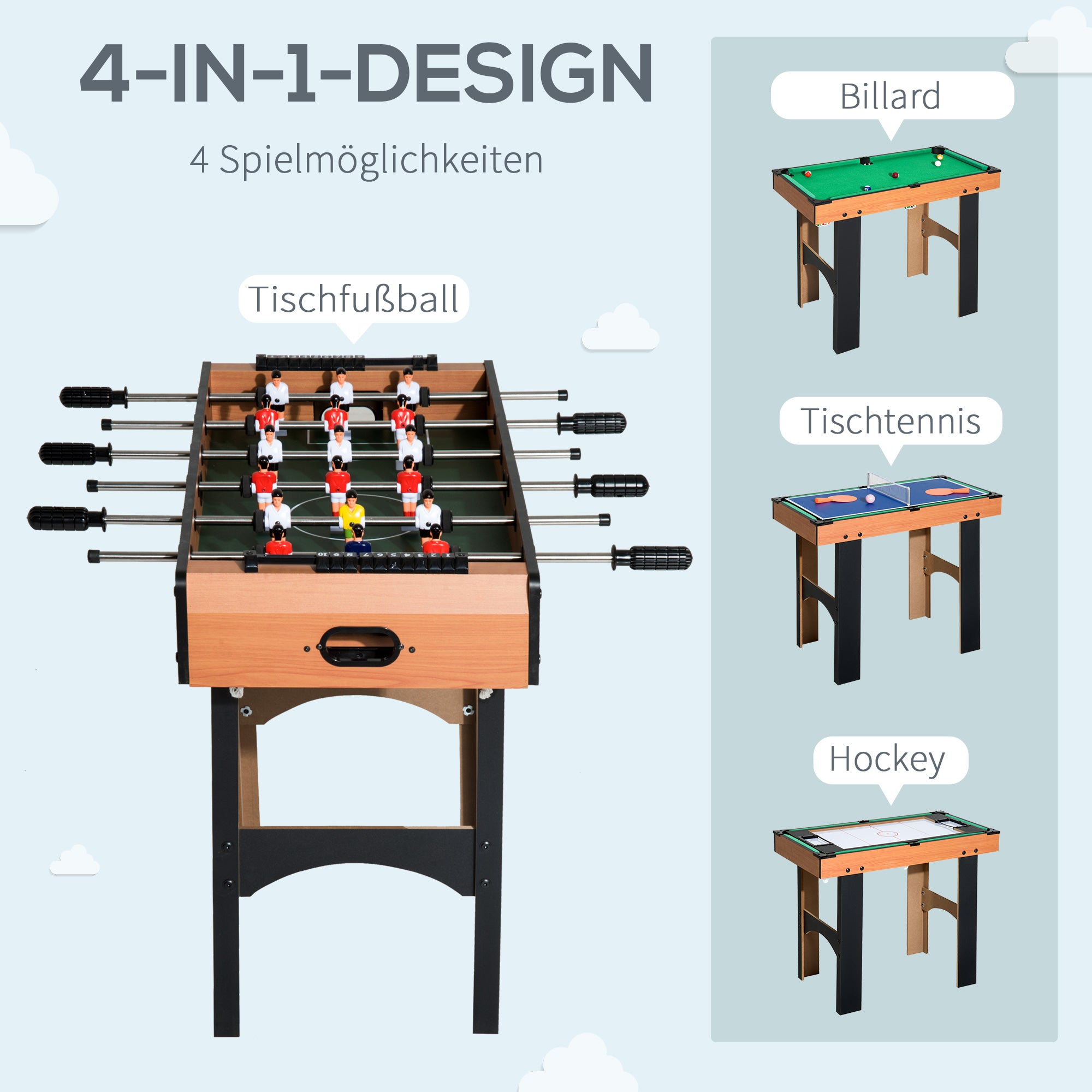 4-in-1 Multi Game Table Multi Game Table with Table Football, Table Hockey, Table Tennis, Billiards Multifunctional Game Table made of MDF, 92 x 78 x 80cm
