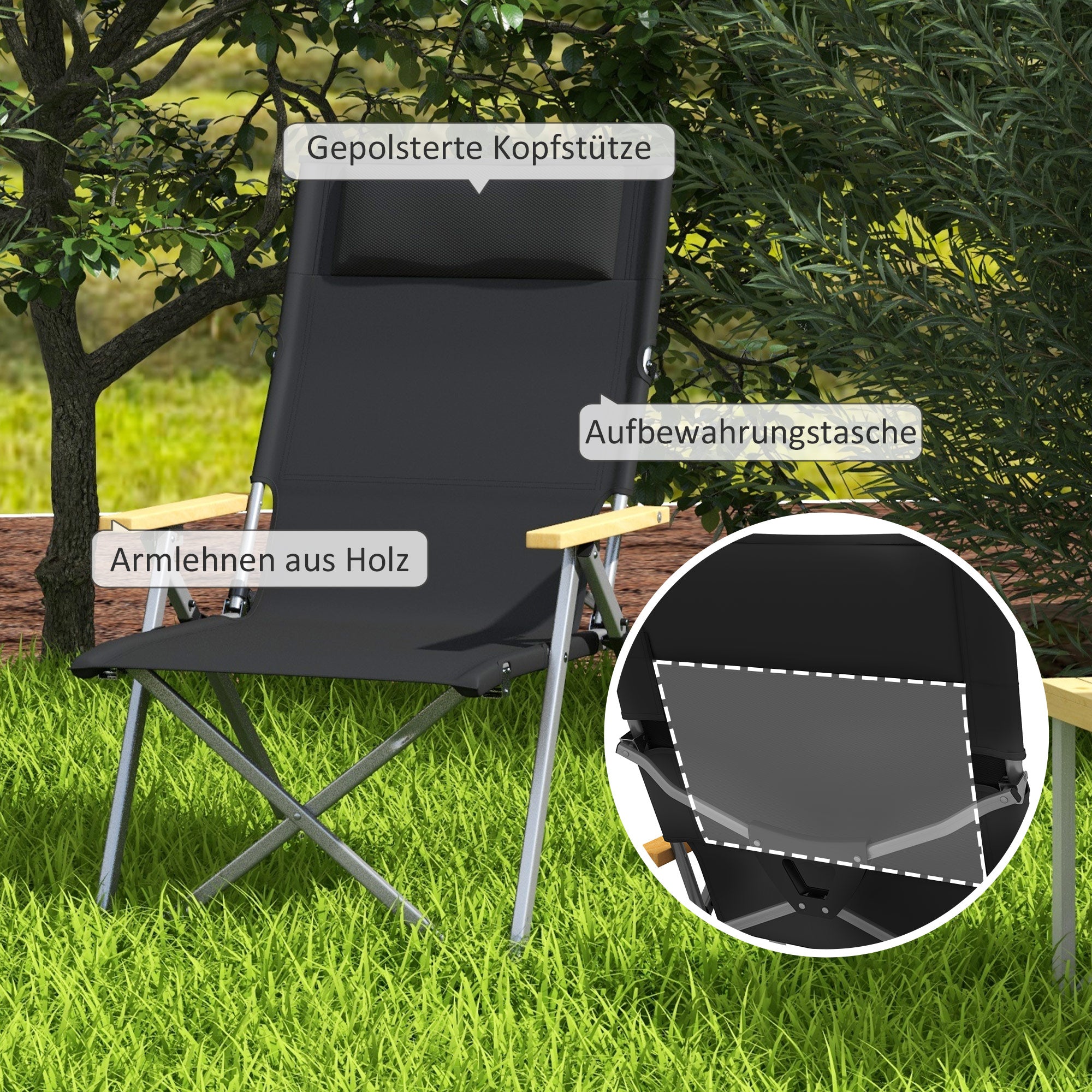 Folding Camping Chair with 4-Position Adjustable Backrest, Headrest, Folding Chair with Carrying Bag for Pool, Beach, Oxford, Black