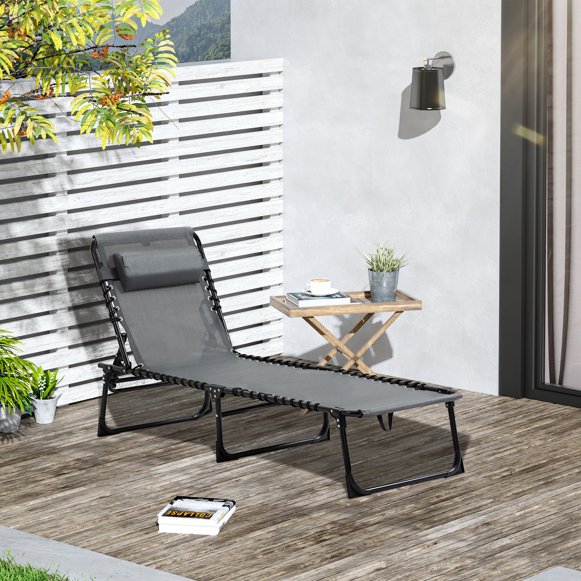 Folding Sun Lounger Garden Lounger with Headrest, Side Pocket, Recliner with 5-Position Adjustable Backrest, Weatherproof Camping Lounger up to 120 kg load capacity, for Garden Beach Pool, Gray