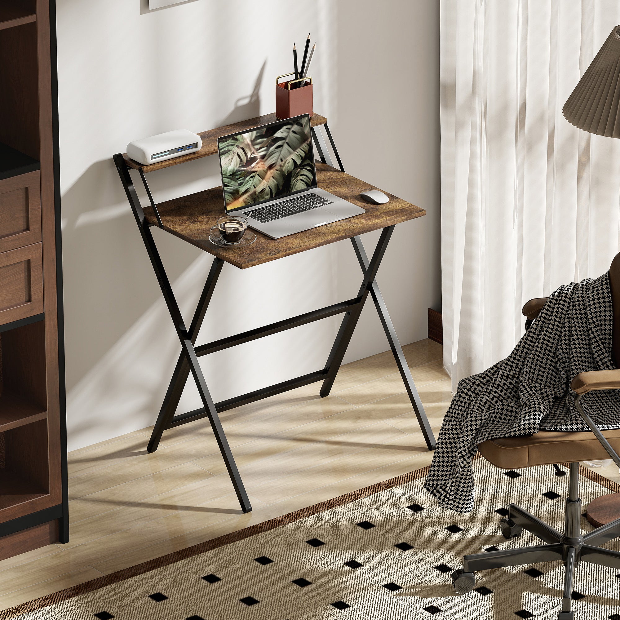 Foldable Computer Desk 25.8 x 17.7 in with Storage Shelf — Rustic Brown