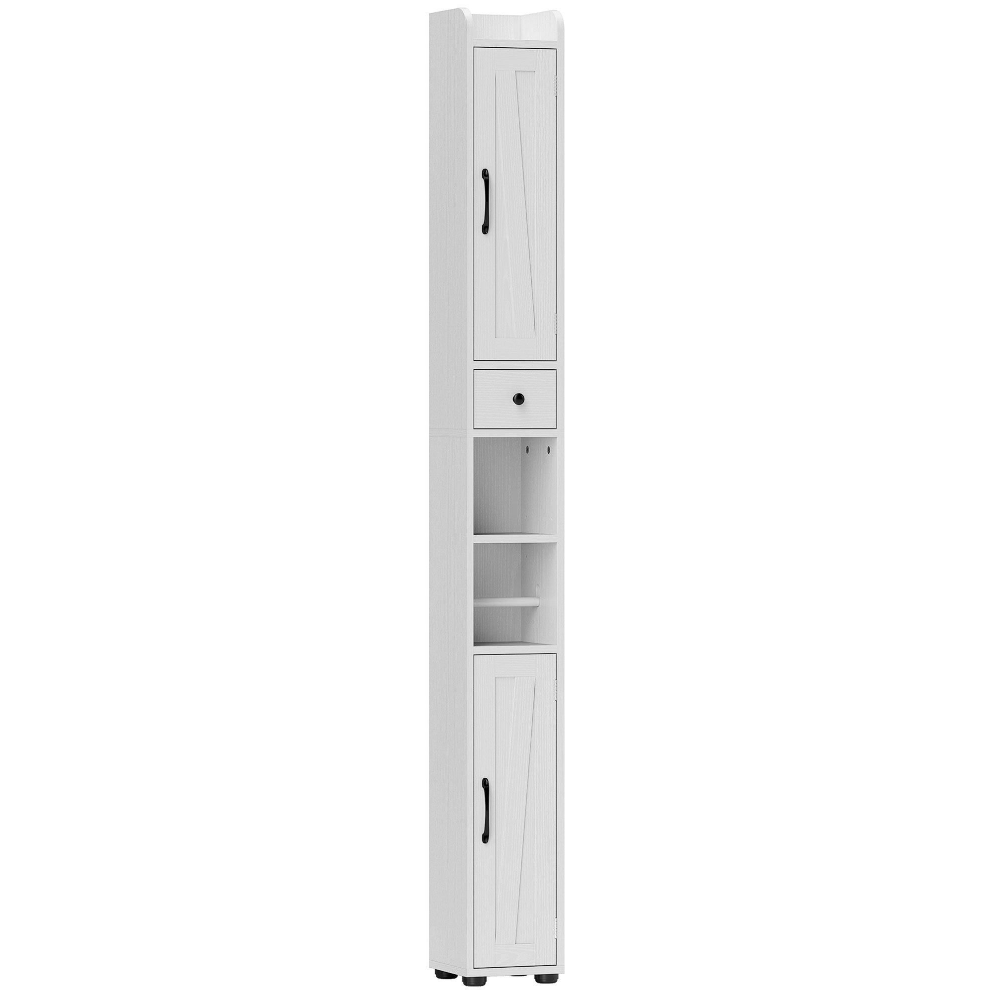 Narrow Bathroom Column with 2 Doors Tall Rustic Bathroom Cabinet with Drawer Open Compartment Adjustable Shelves and Toilet Paper Holder 20x20x185 cm White