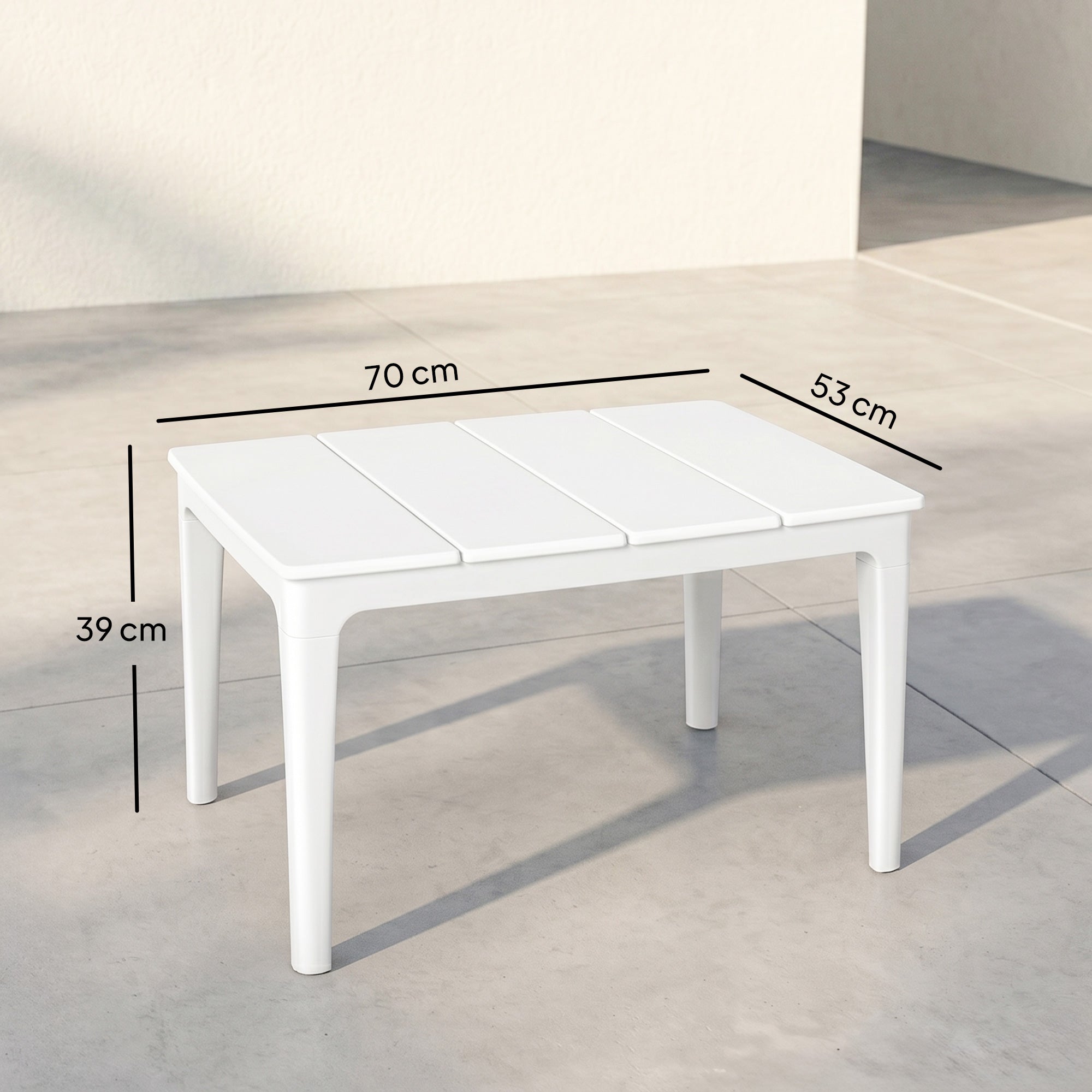 Outdoor Coffee Table with Cylindrical Legs, Rectangular PP Plastic Garden Side Table, Modern Style — for Garden, Balcony, Terrace — 53 x 70 x 39 cm (20.9 x 27.6 x 15.4 in), Cream