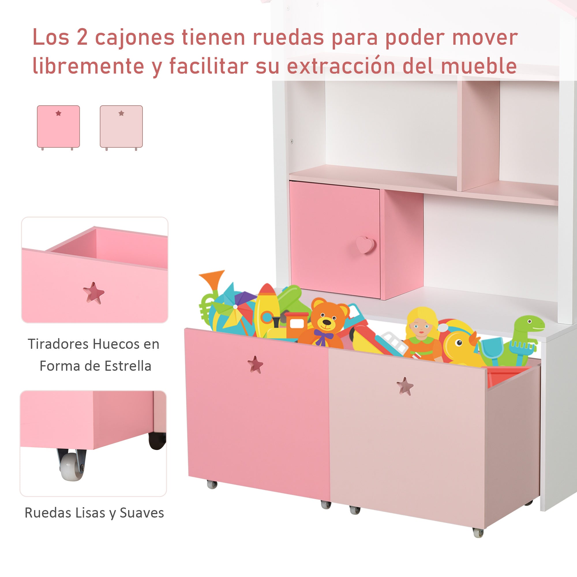 Wooden Children's Bookcase Shelf with 4 Compartments, 1 Door, and 2 Removable Drawers with Wheels for Books Toys 80x34x130 cm Pink and White