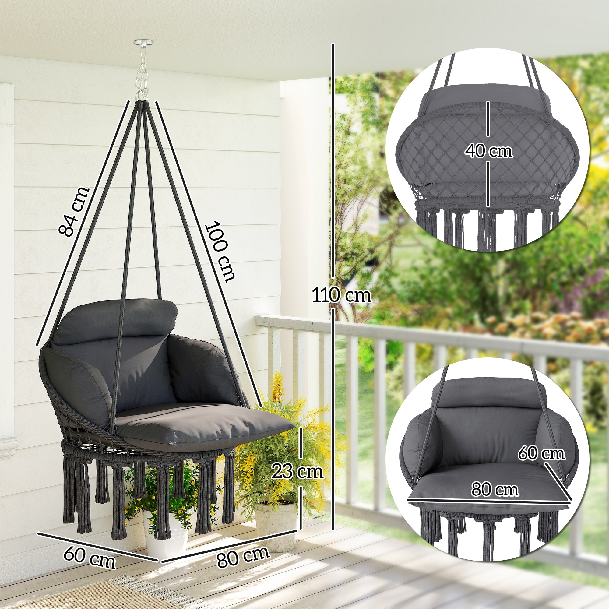 Hanging Chair with Large Padded Cushion, Fringed Swing Chair with Suspension Kit, Steel Frame, Tight Weave, Dark Gray